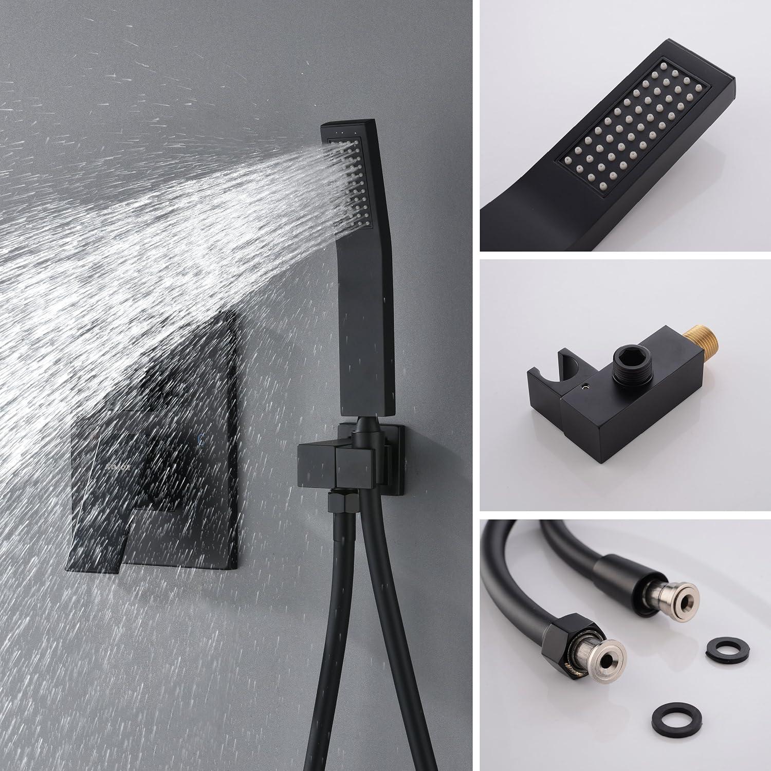 12" Black Rain Shower System With Handheld, Mixer Combo Set, Wall Mounted Faucet & Trim Kit