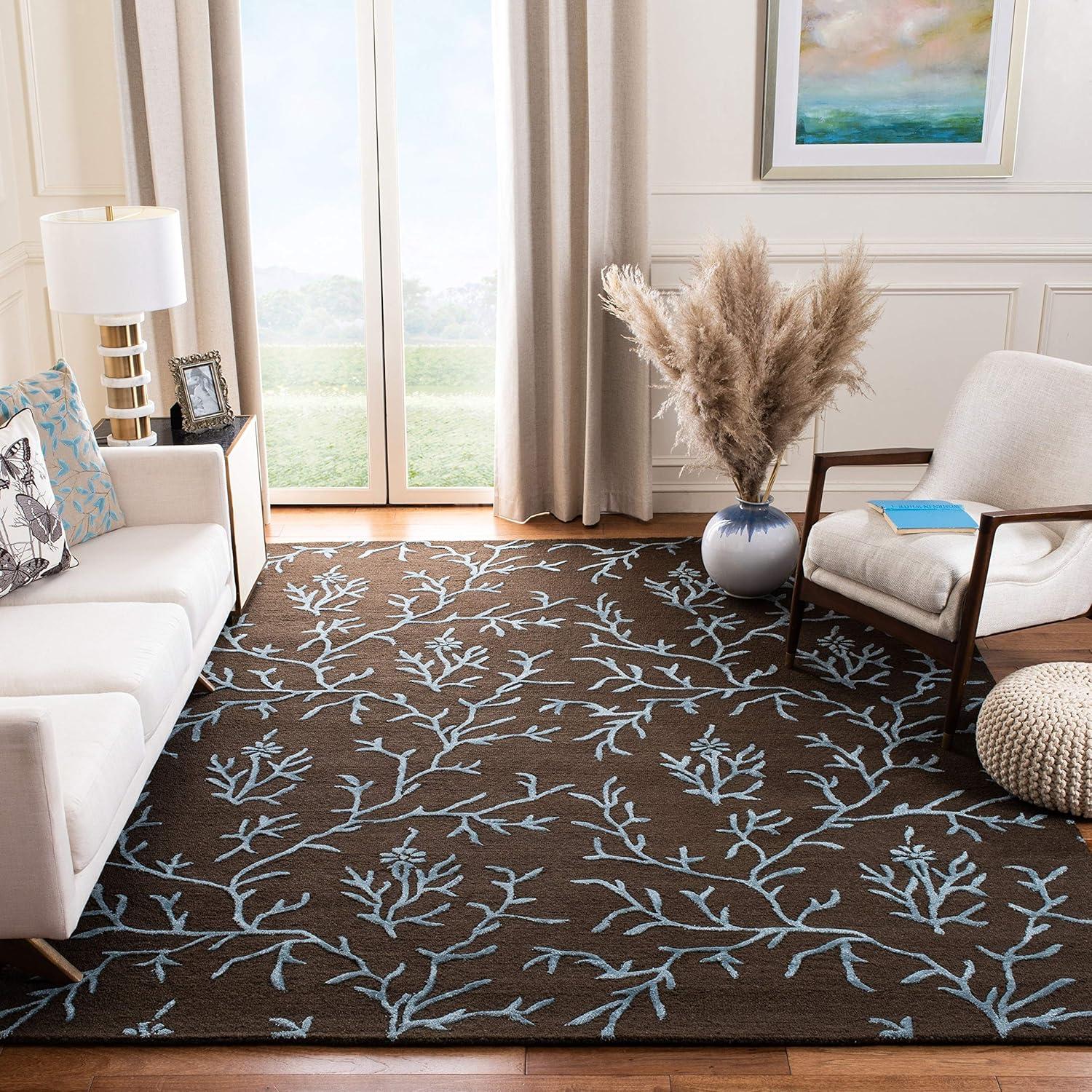 Handmade Brown and Light Blue Floral Wool Rug