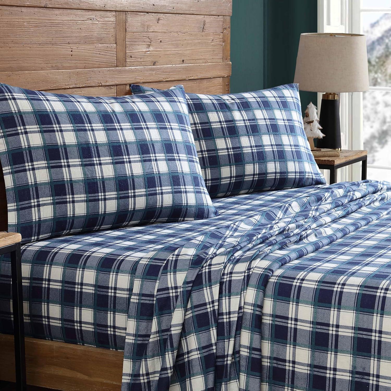 Winter Nights Cotton Flannel Sheet Set, Queen, Navy Plaid