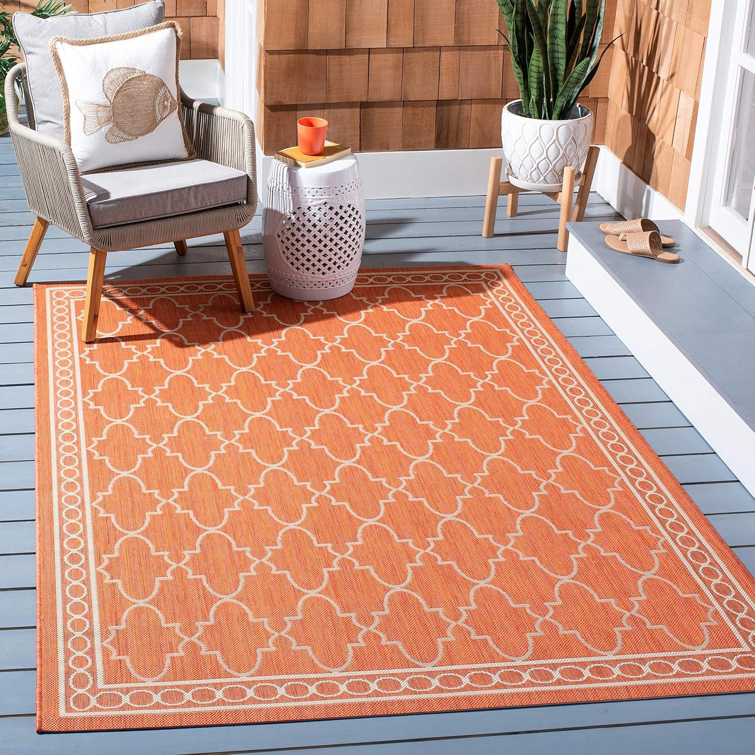 Rust and Sand Geometric Bordered Rectangular Outdoor Rug