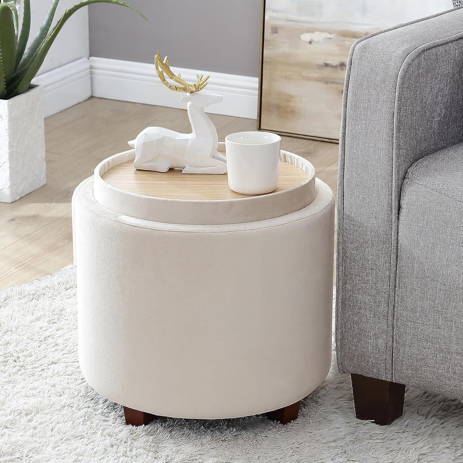 Ornavo Home Lawrence Round Storage Ottoman with Table Top Lid - Velvet Cream