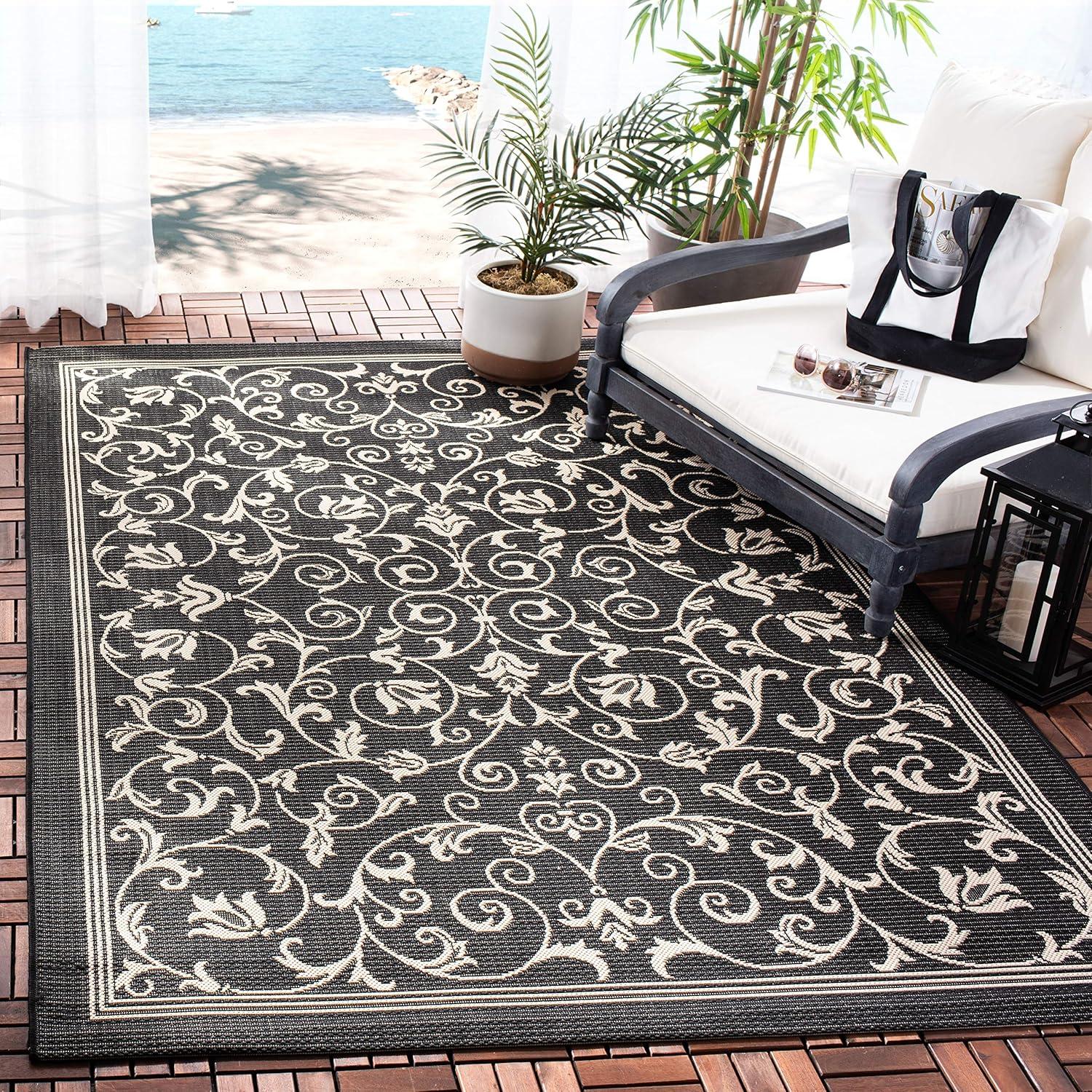 Black and Sand Synthetic Square Indoor/Outdoor Area Rug