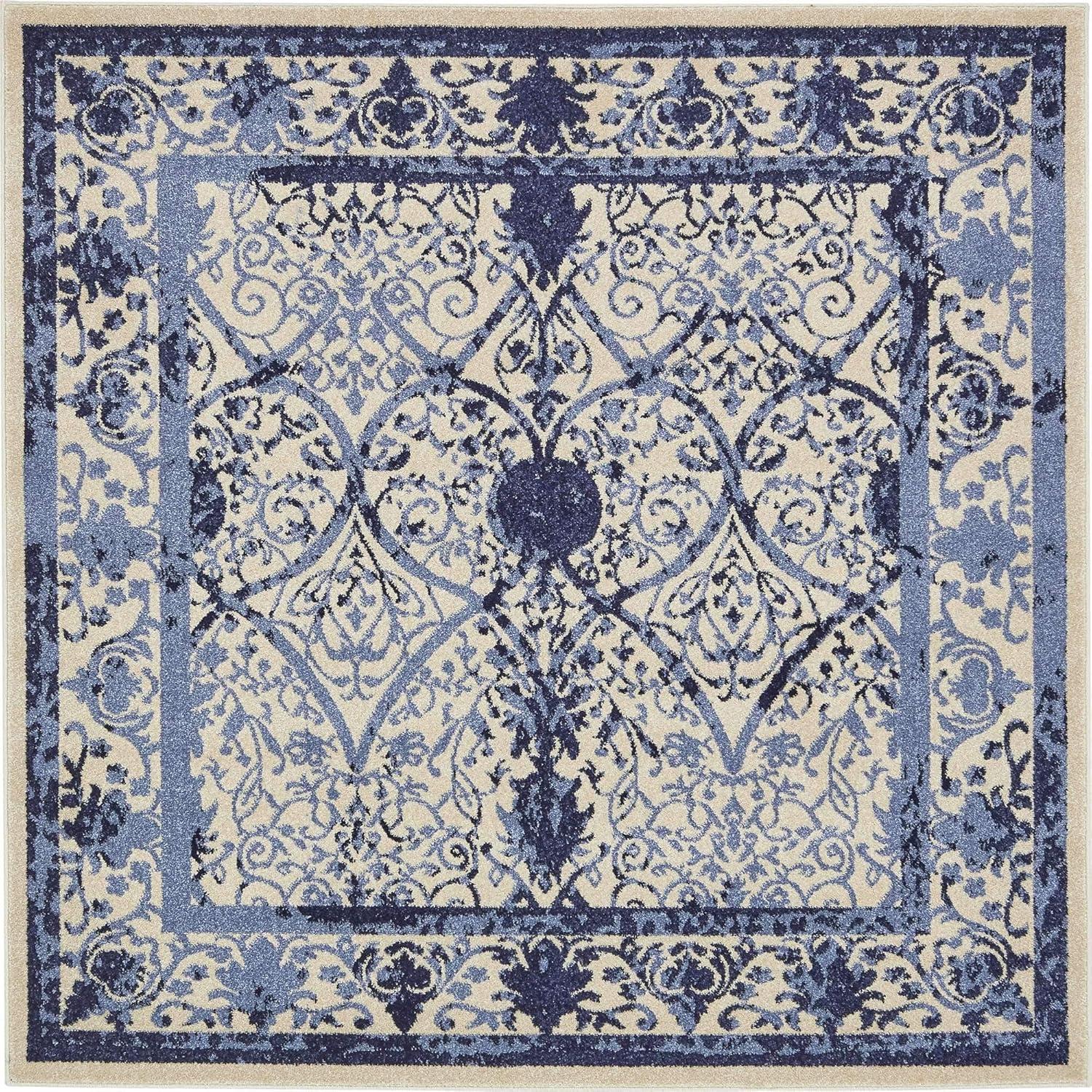 Unique Loom La Jolla Collection Area Rug - Traditional (6' Square Ivory and Blue/Blue)