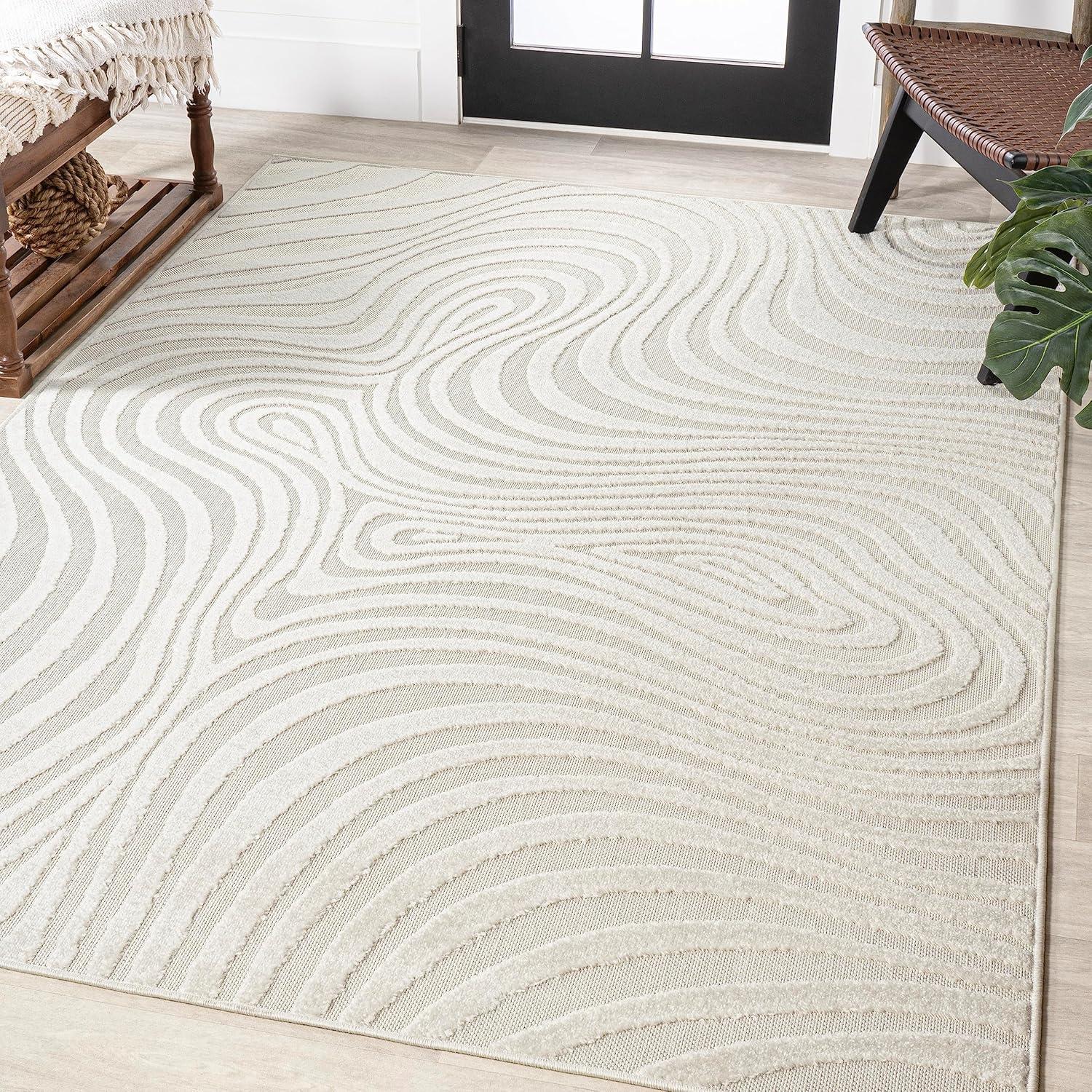 JONATHAN Y Maribo High-Low Abstract Groovy Striped Cream/Ivory 4 ft. x 6 ft. Indoor/Outdoor Area Rug