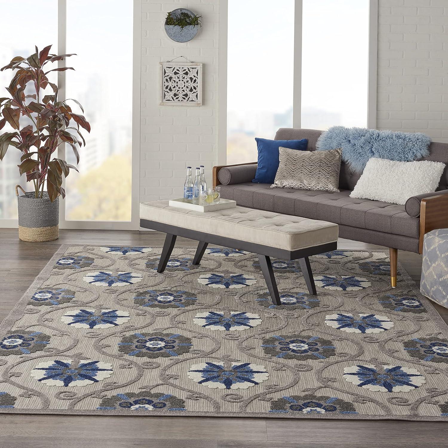 Nourison Aloha Contemporary Floral Flatweave High-Low Indoor Outdoor Area Rug Grey/Blue 7'10" x 10'6"