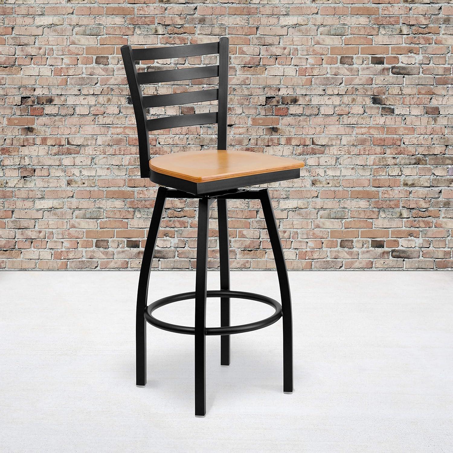 BizChair 2 Pack Black Ladder Back Swivel Metal Barstool - Natural Wood Seat