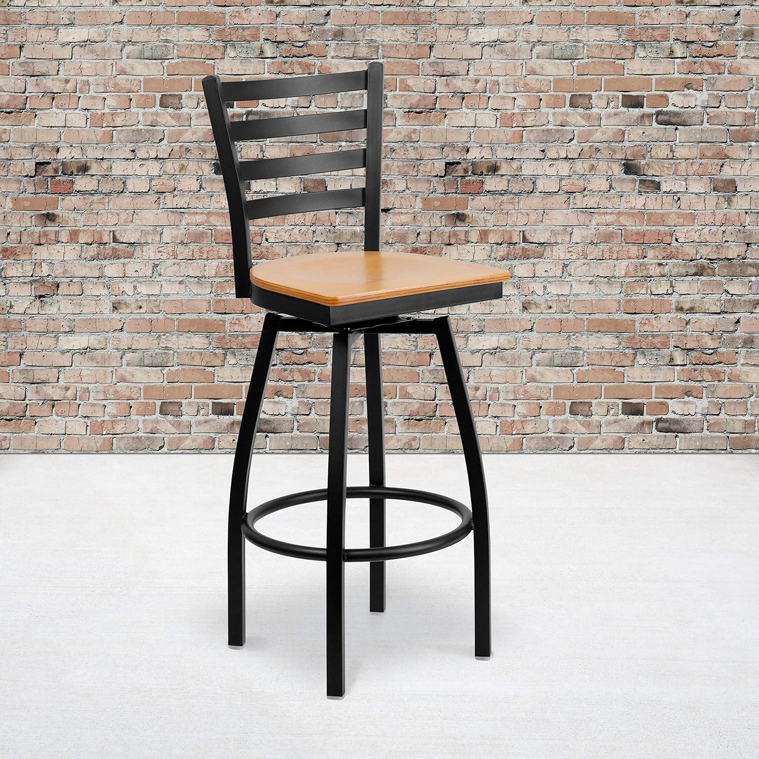 Flash Furniture 2 Pack HERCULES Series Black Ladder Back Swivel Metal Barstool - Natural Wood Seat