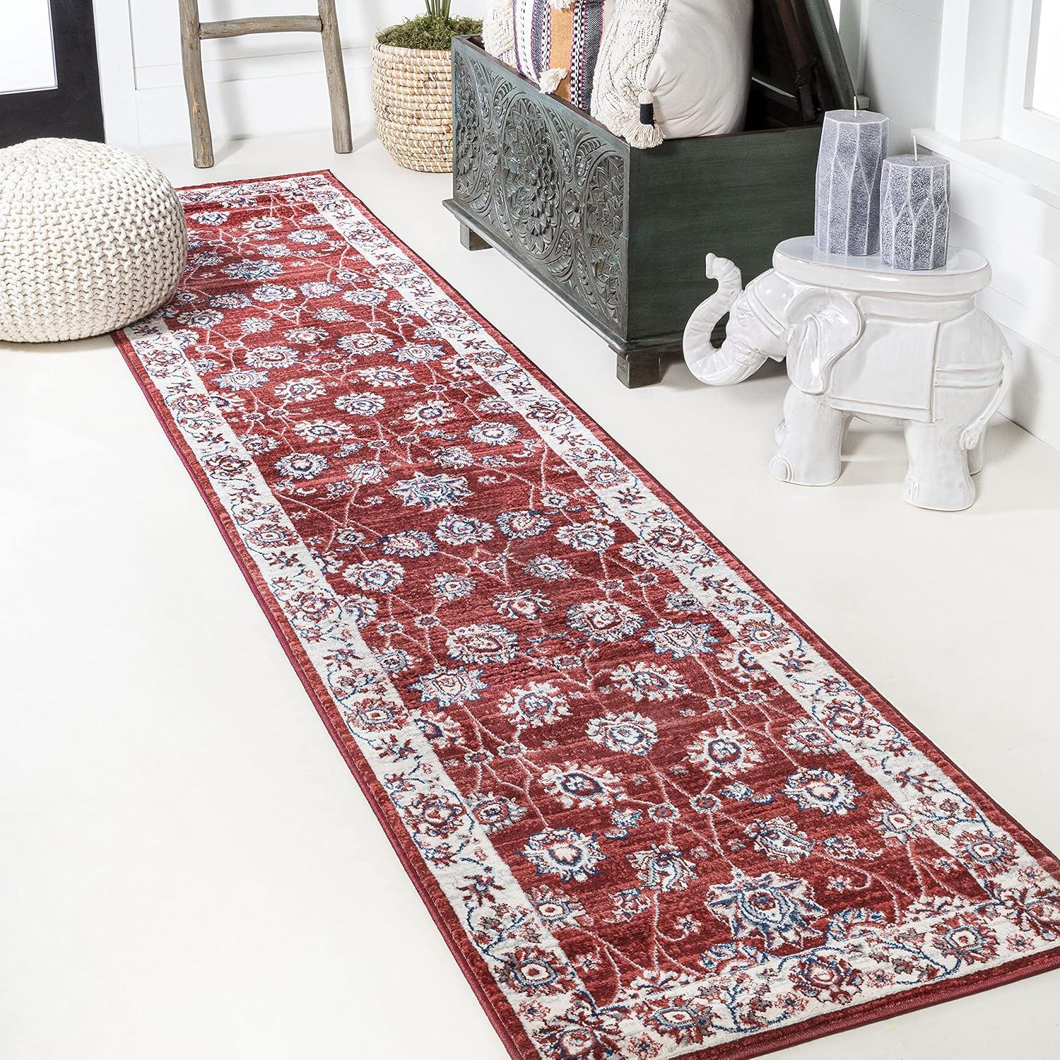 Red and Ivory Floral Synthetic Runner Rug, 2' x 10'