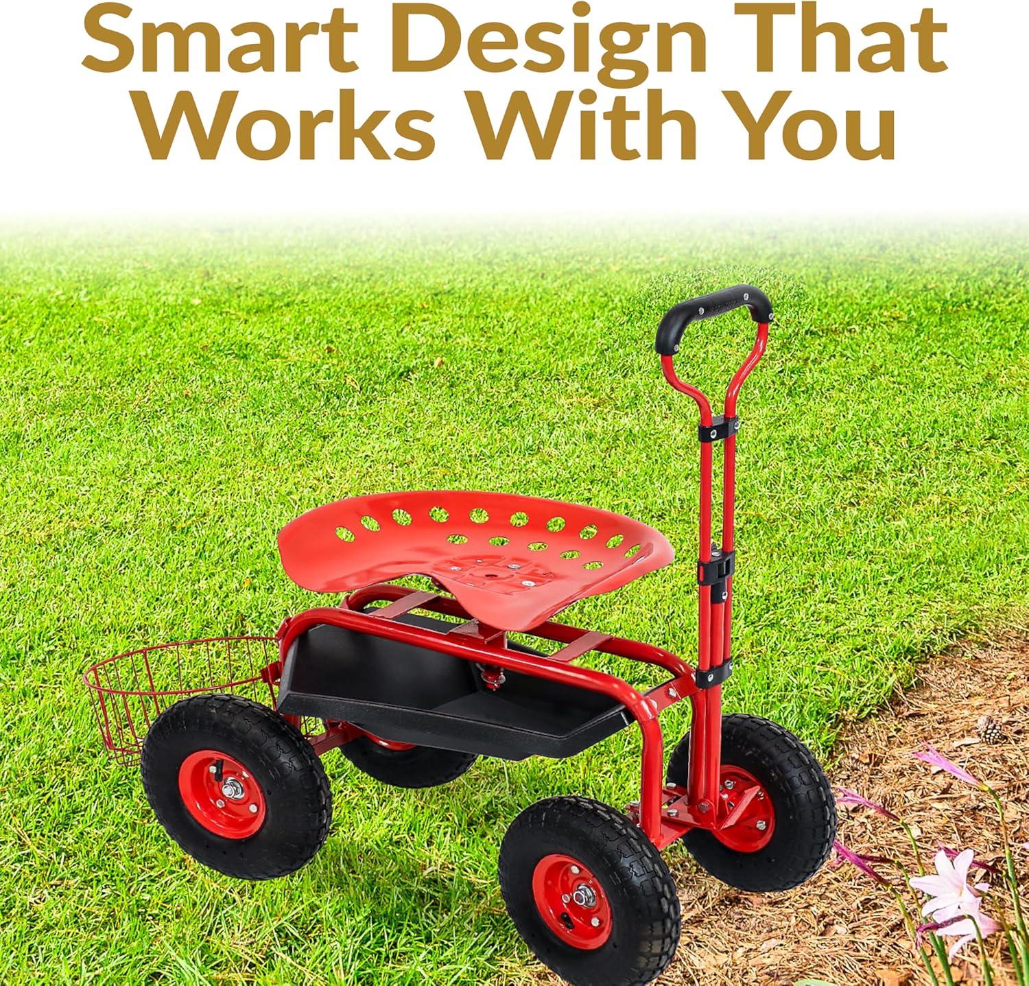 SunnyDaze Decor Steel Steering Handle Swivel Seat & Basket Garden Cart