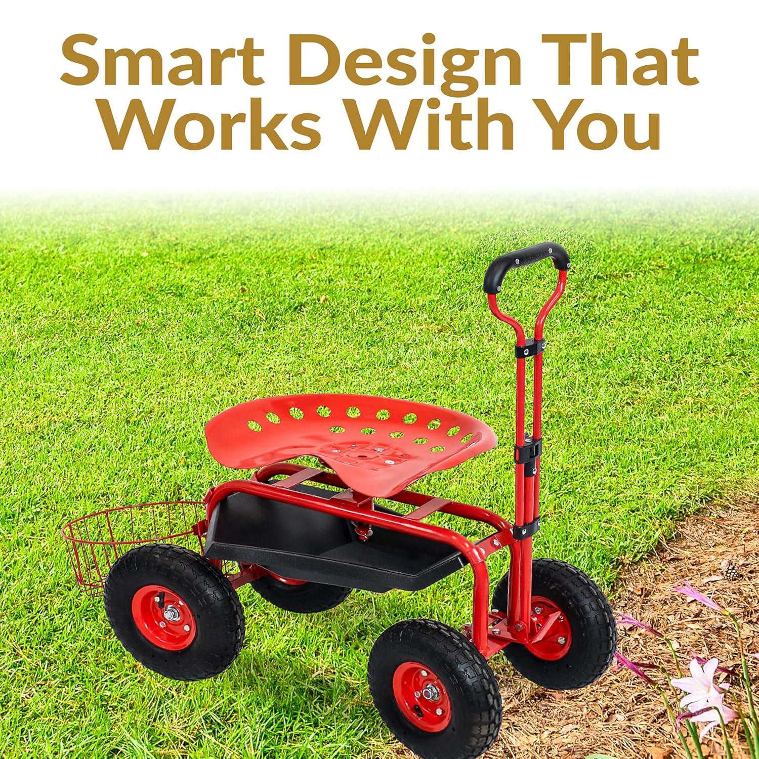 SunnyDaze Decor Steel Steering Handle Swivel Seat & Basket Garden Cart