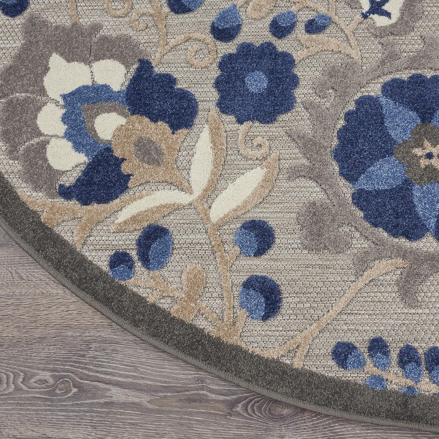 Nourison Aloha Floral Textured Flatweave High-Low Indoor Outdoor Round Rug Natural/Blue 5'3" x 5'3"