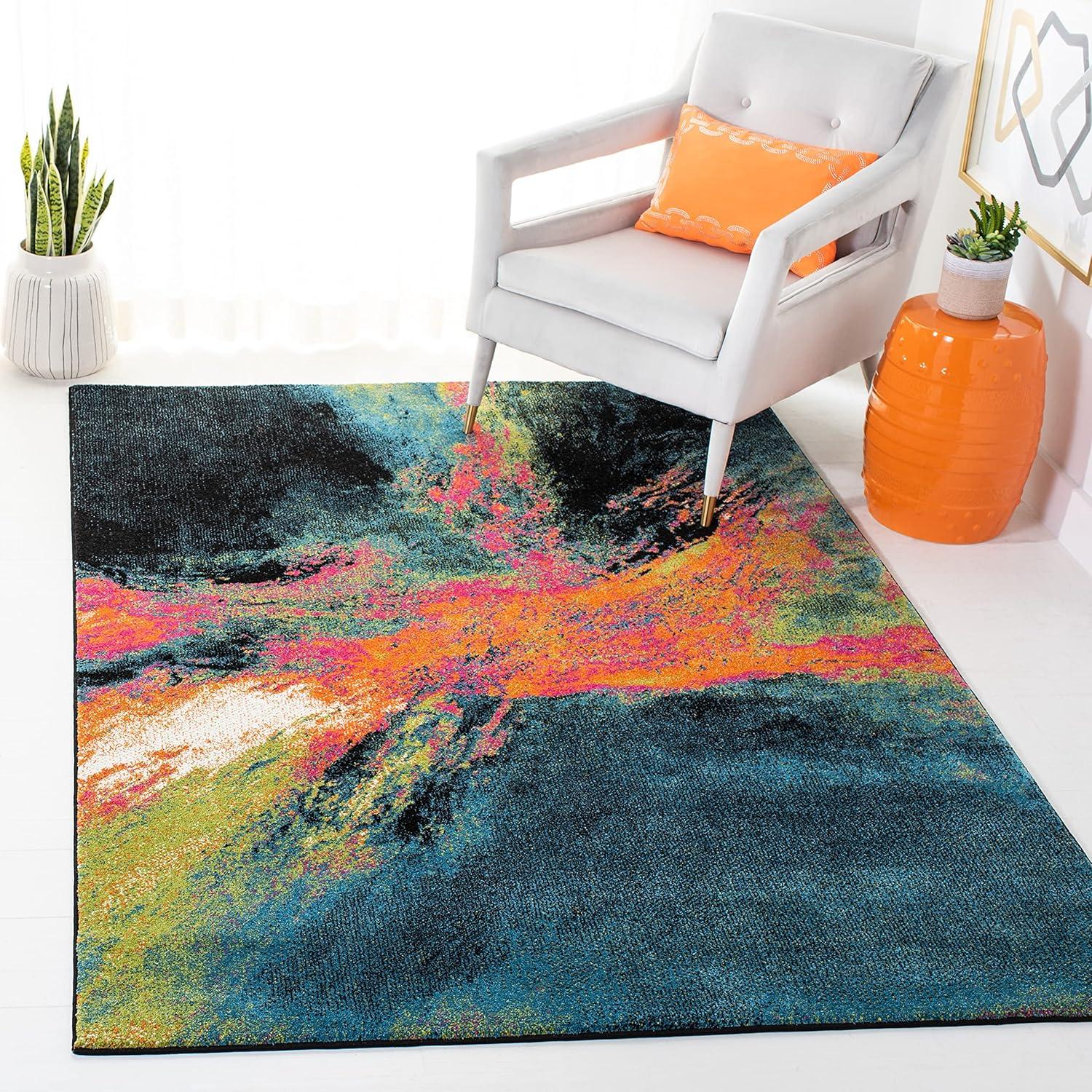 Blue and Orange Abstract Hand-knotted Washable Rug