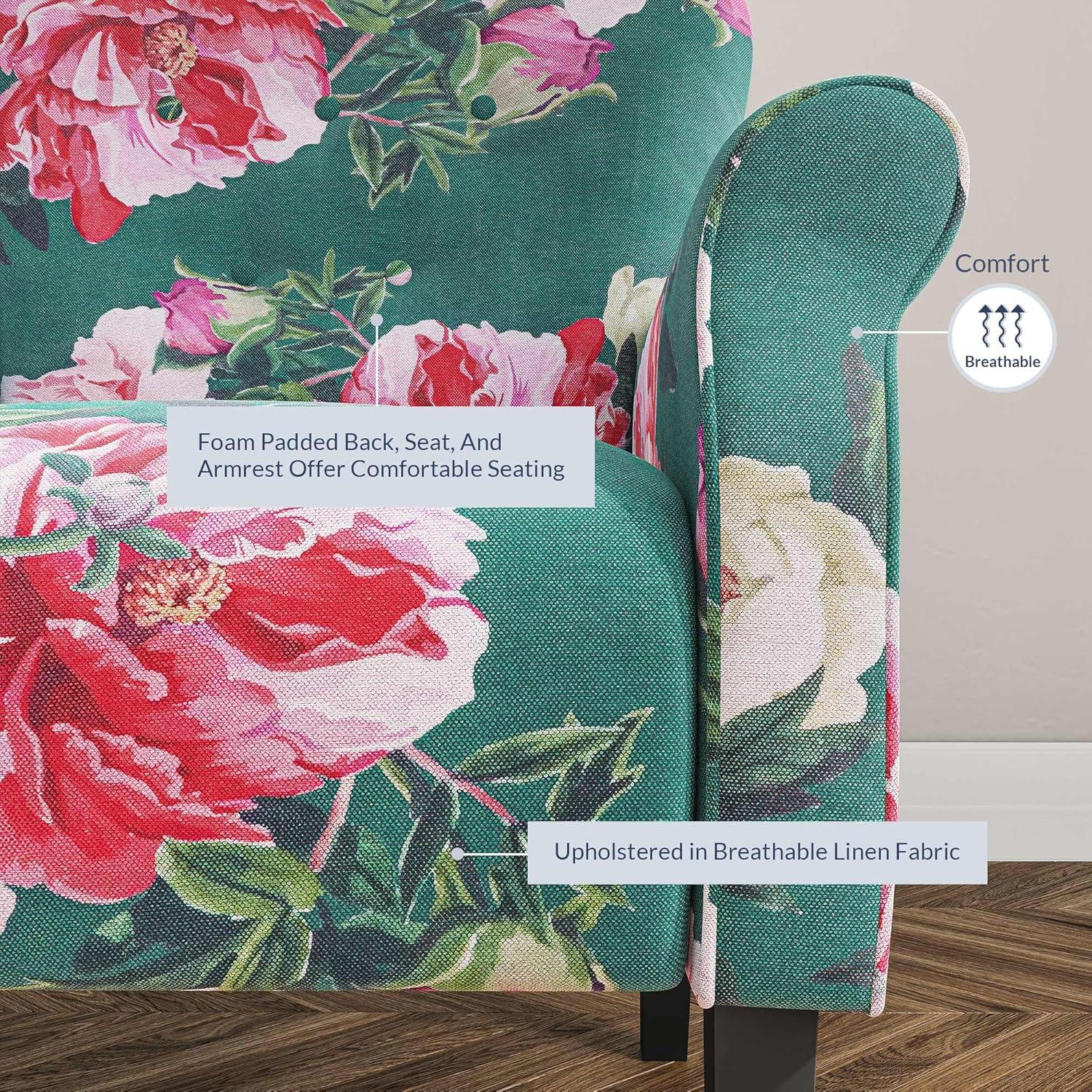 BELLEZE Modern Accent Chair for Living Room, High Back Linen Armchair with Wooden Legs, Upholstered Wingback Side Chair Padded Armrest Single Sofa for Living Room, Bedroom - Allston (Green & Flower)