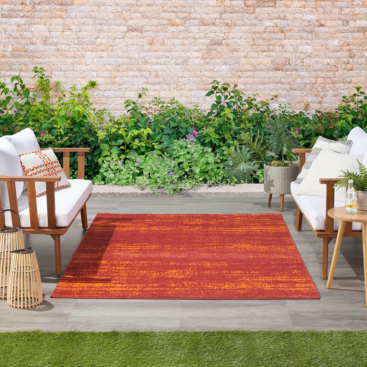 Nourison Essentials Abstract Low Pile Indoor Outdoor Area Rug 5' x 7' Red
