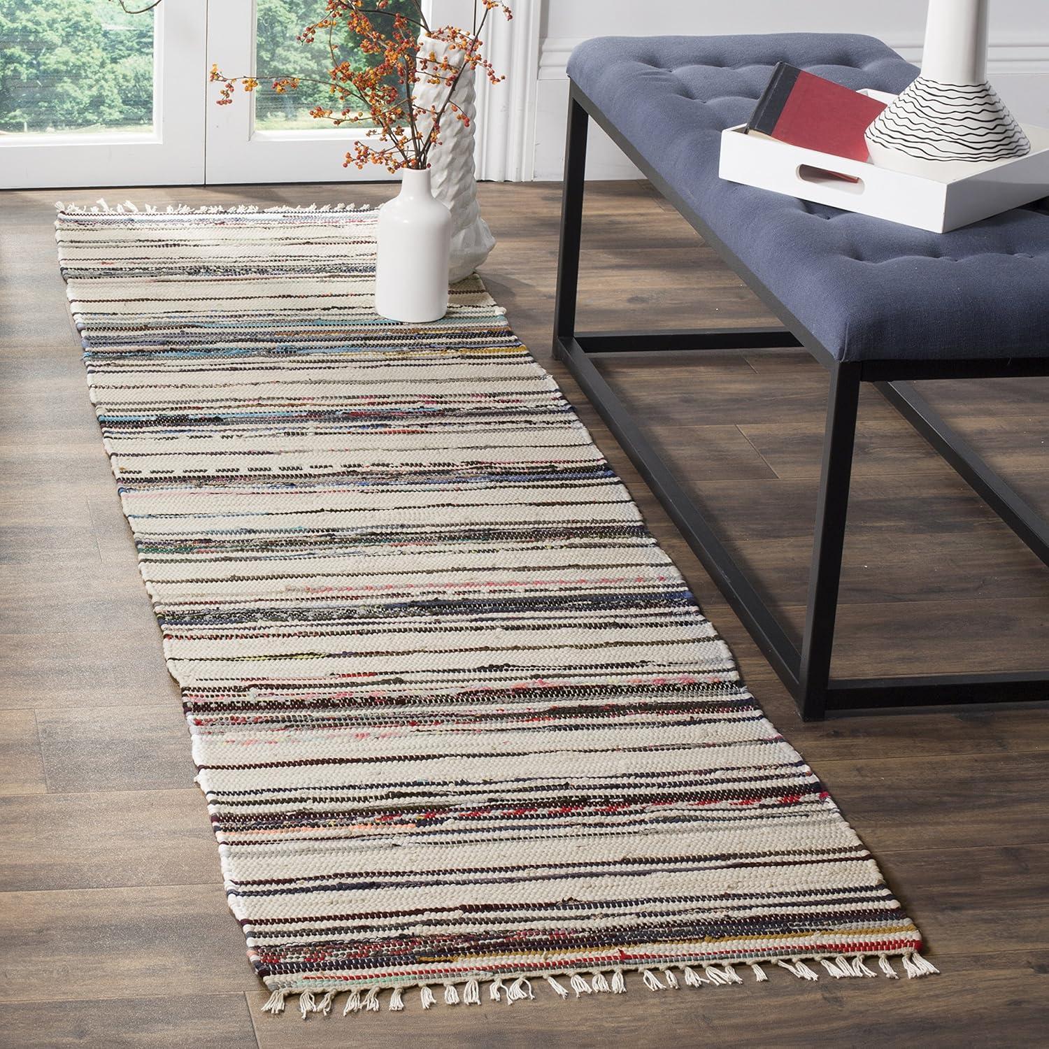 Rag Rug RAR126 Hand Woven Indoor Runner Rug - 2'3"x8' - Ivory/Charcoal - Safavieh