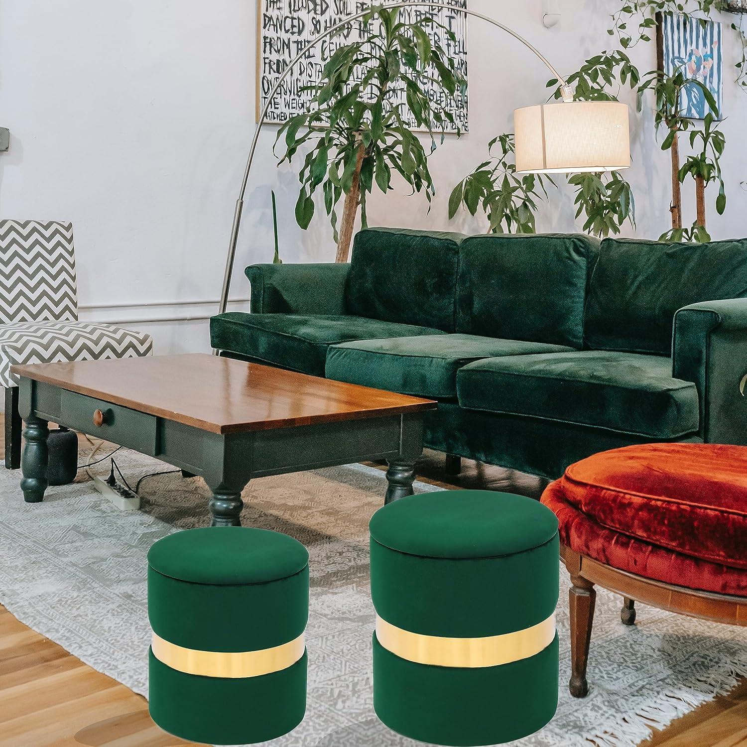 Green Velvet Round Storage Ottoman Set with Gold Accent
