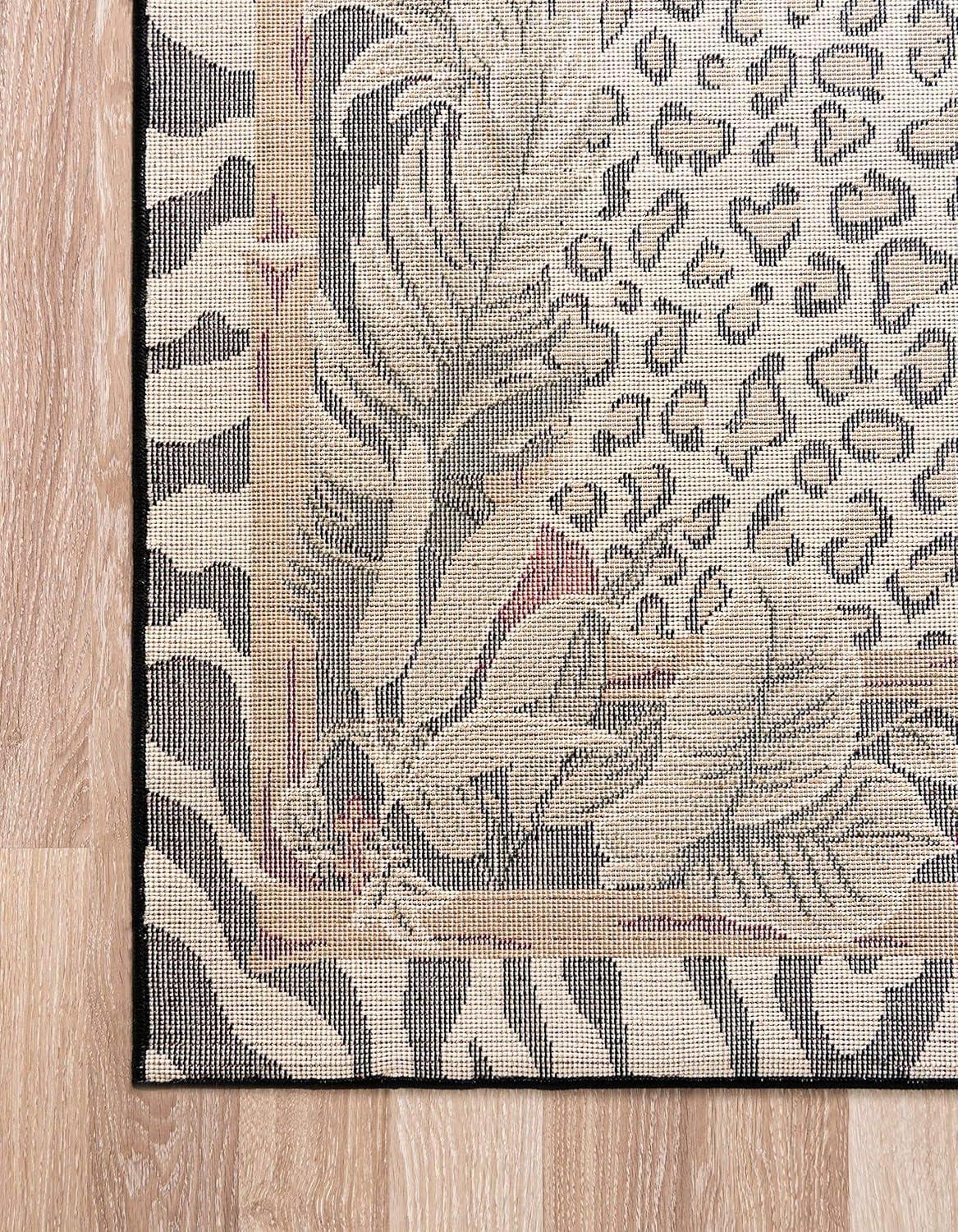 Ivory and Black Rectangular Floral Synthetic Area Rug