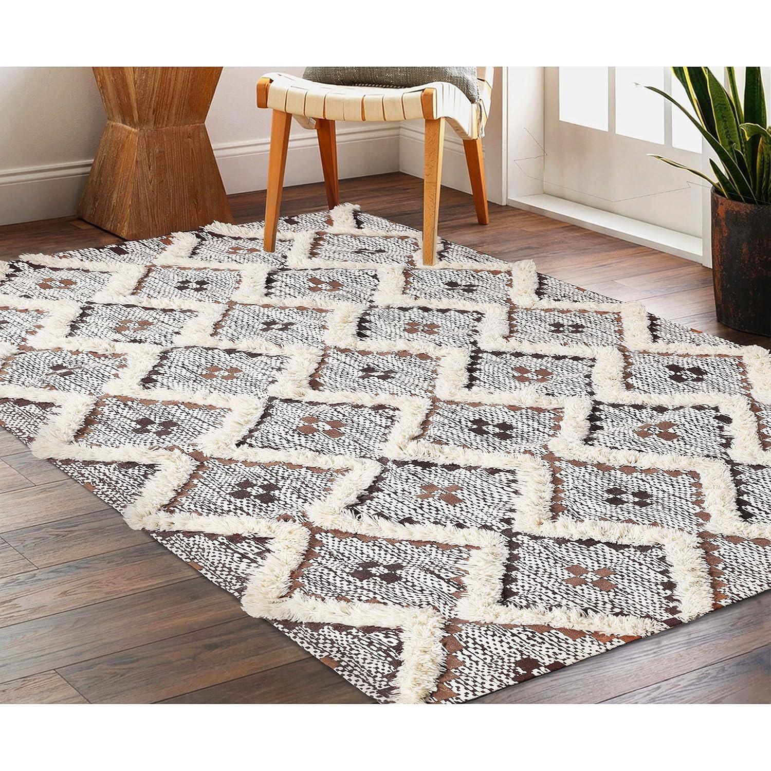 Superior Evren Hand-Tufted Cotton/Wool Textured Geometric Tan/Chocolate Farmhouse Area Rug, 6' x 9'