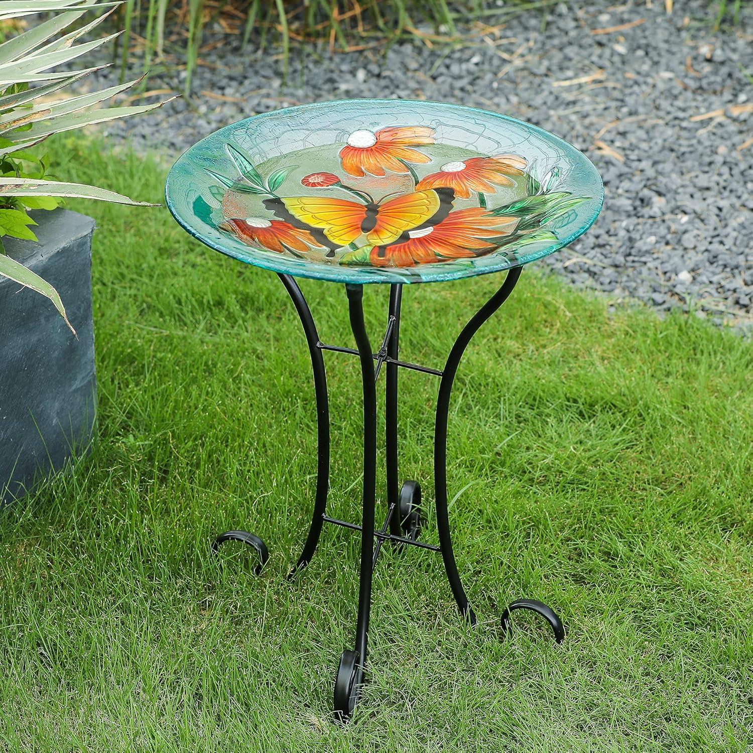 LuxenHome Butterfly and Flowers Glass Bird Bath with Metal Stand