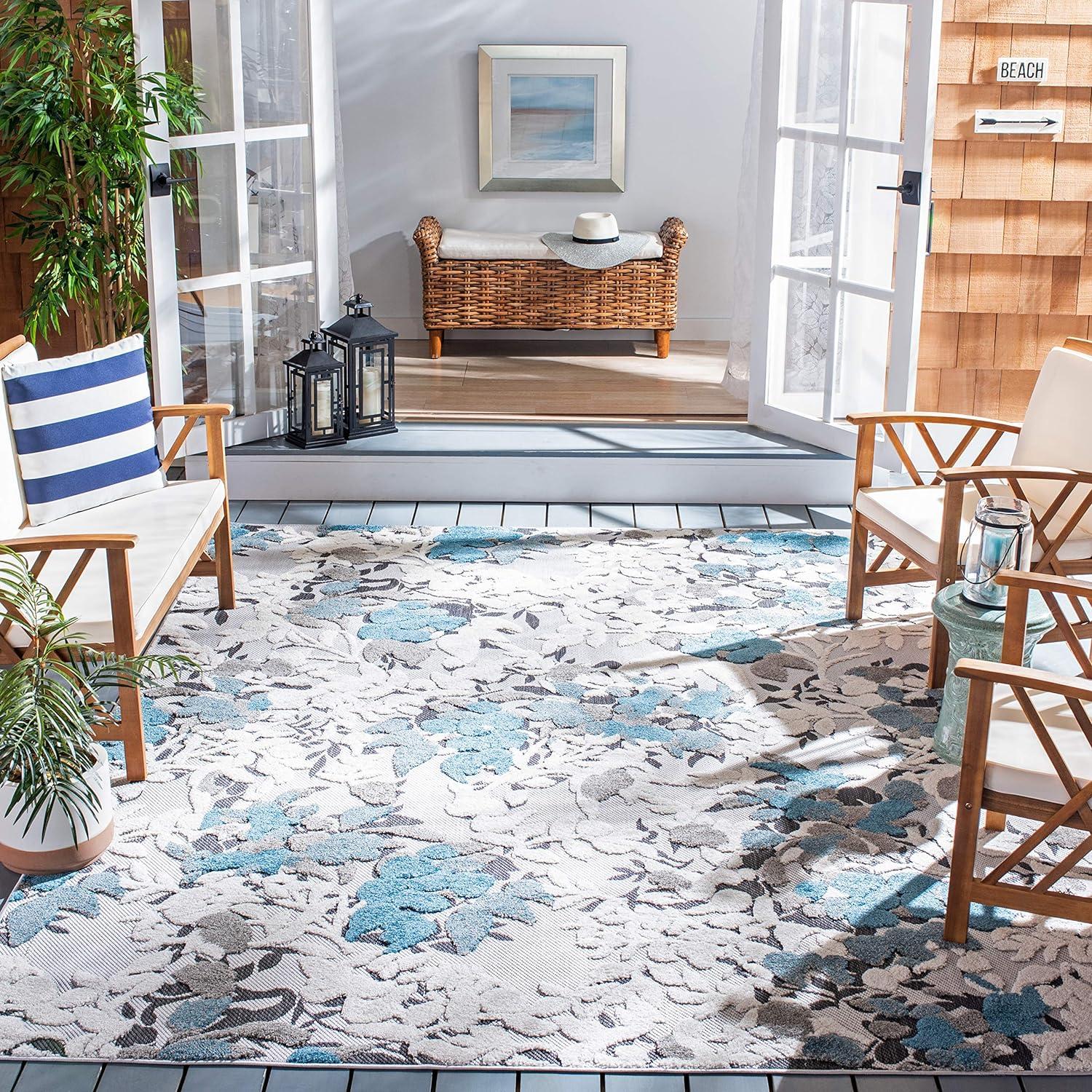 Beige and Blue Floral Synthetic 9' x 12' Area Rug