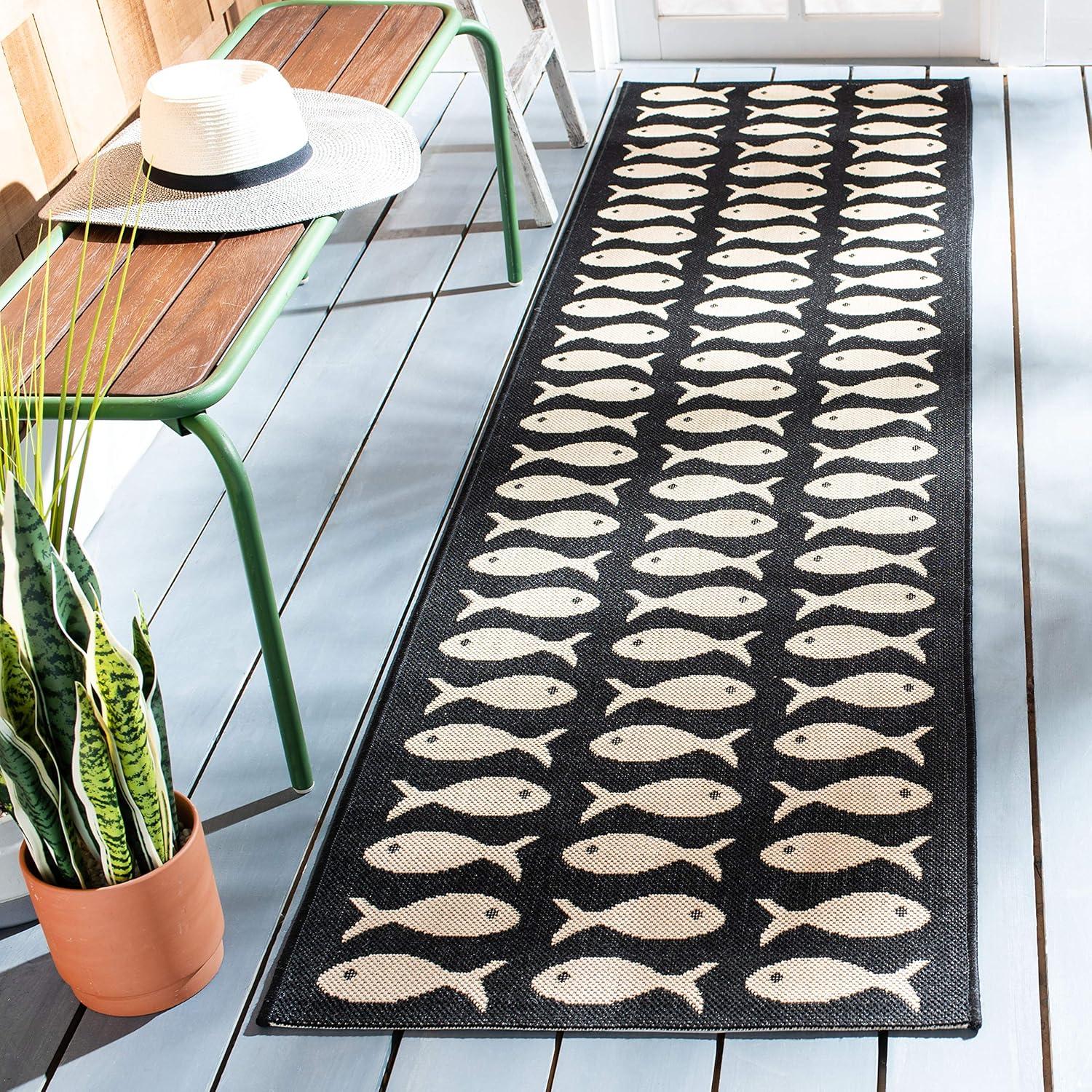 Black and Beige Fish Pattern Synthetic Runner Rug