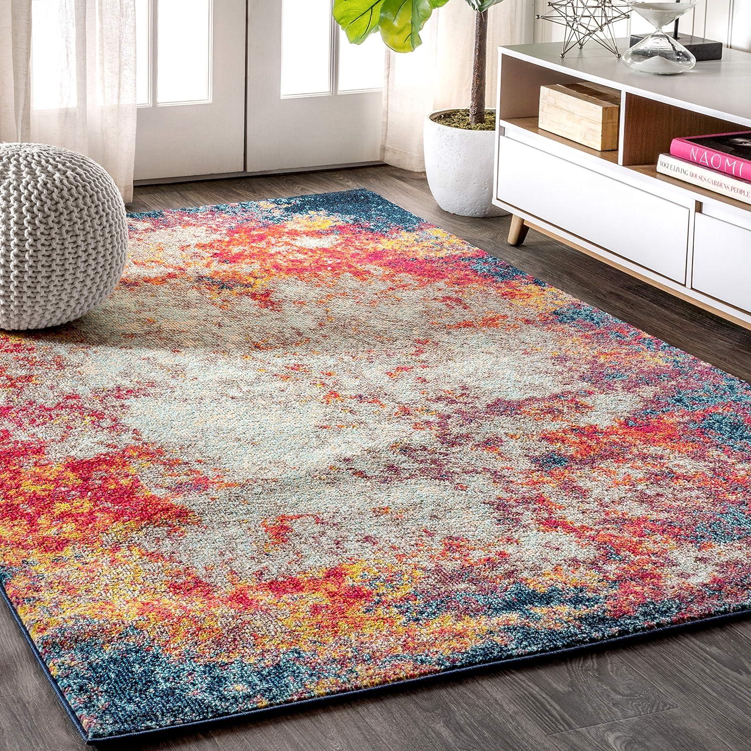 Cream/Blue Abstract Synthetic 8' x 10' Easy-Care Area Rug