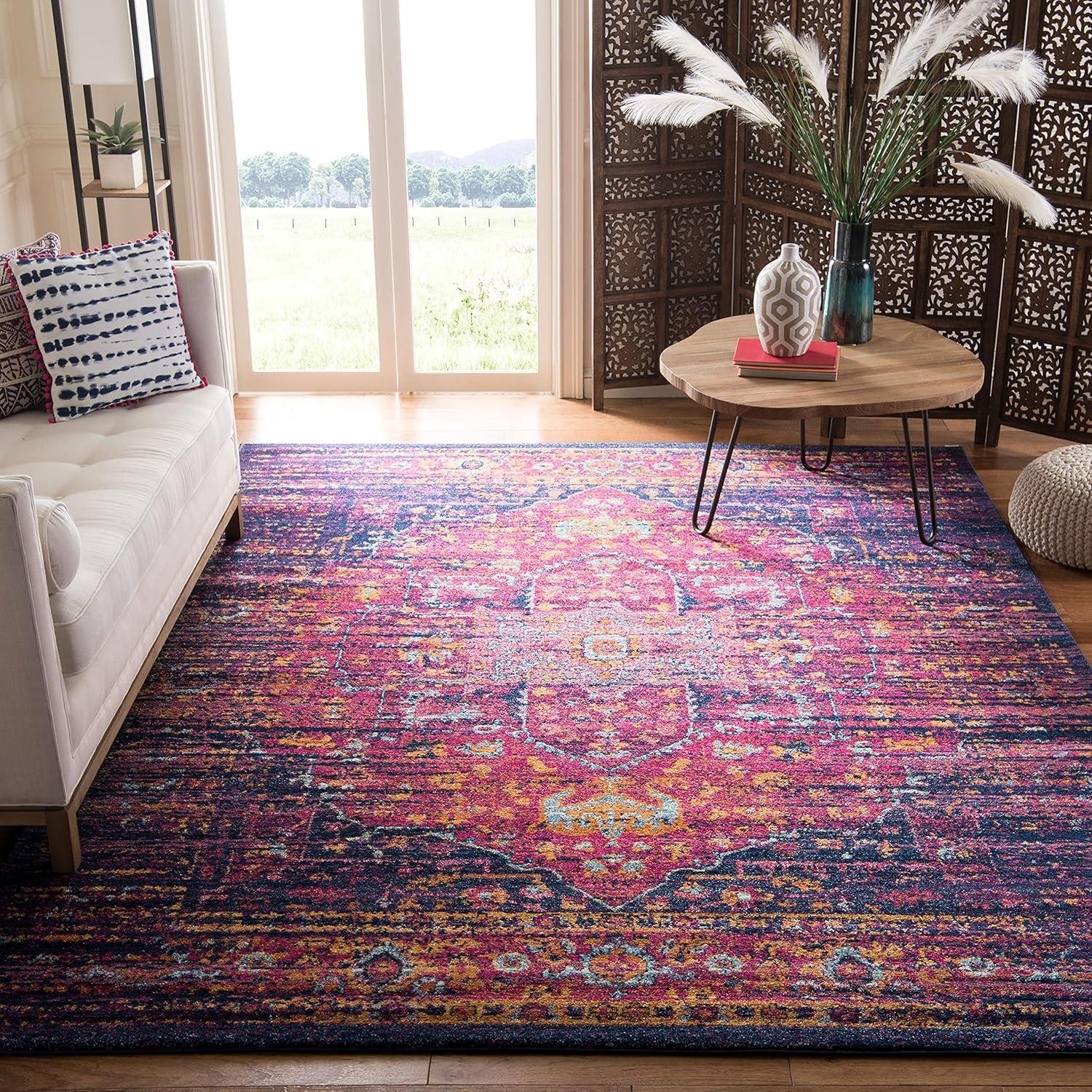 Blue and Fuchsia High Pile Round Boho-Chic Area Rug