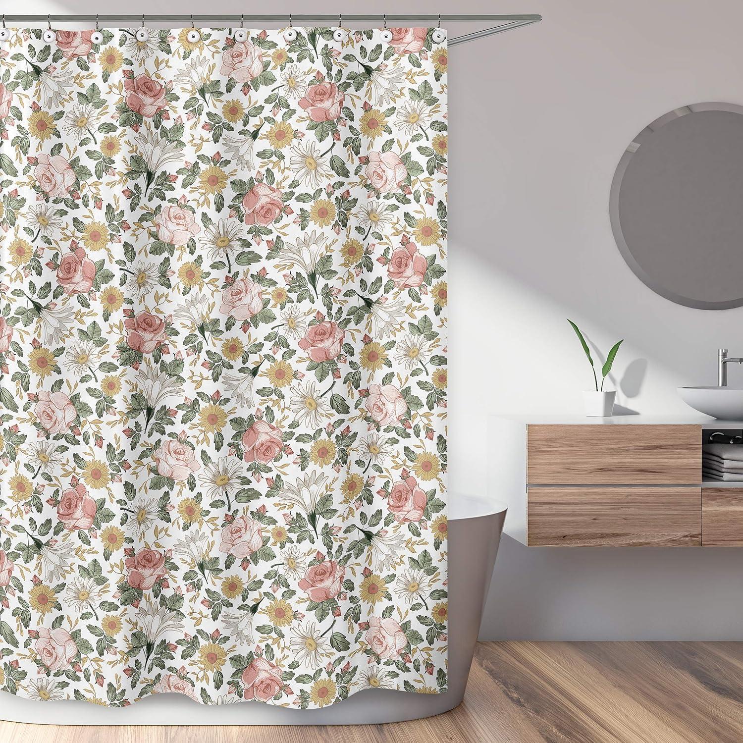 Sweet Jojo Designs Shower Curtain 72in.x72in. Vintage Floral Pink Green Yellow White