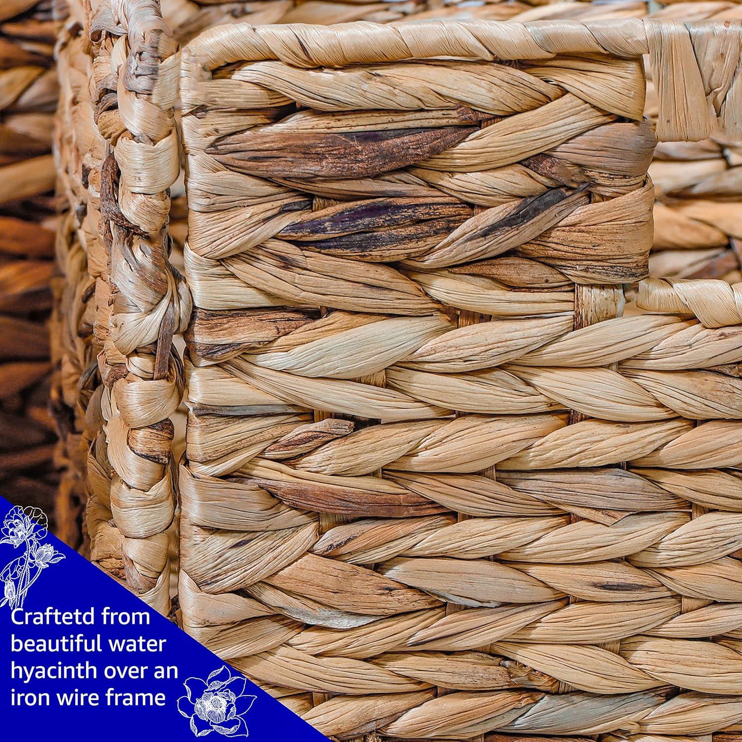 Foldable Water Hyacinth Storage Basket with Iron Wire Frame (Set of 4)