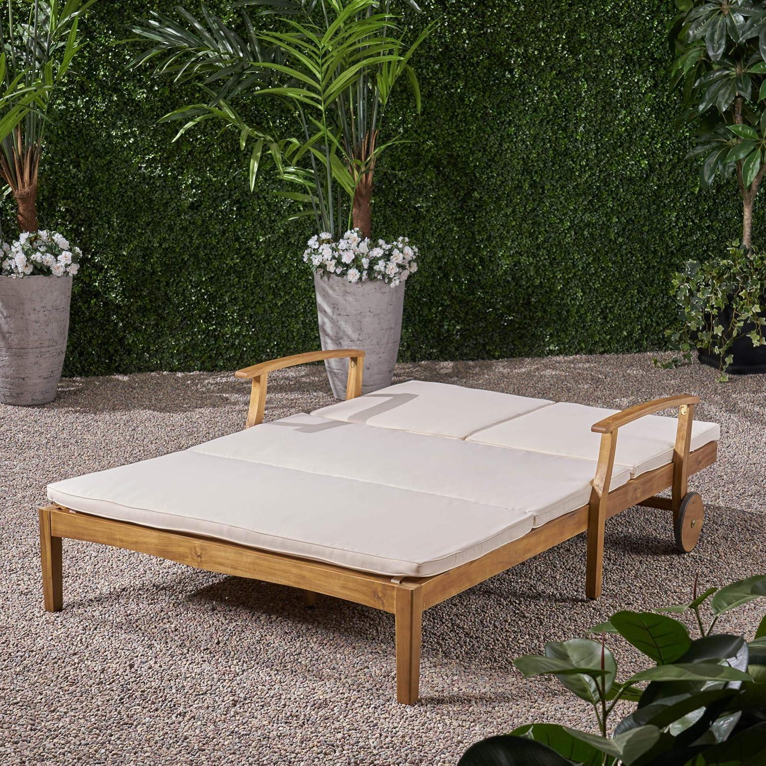 GDF Studio Abena Outdoor Acacia Wood Double Adjustable Chaise Lounge with Cushions, Teak and Cream