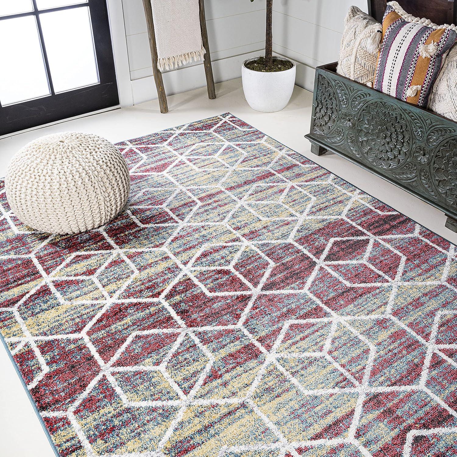 4'x6' Tumbling Blocks Modern Geometric Area Rug, Multi/White - JONATHAN Y