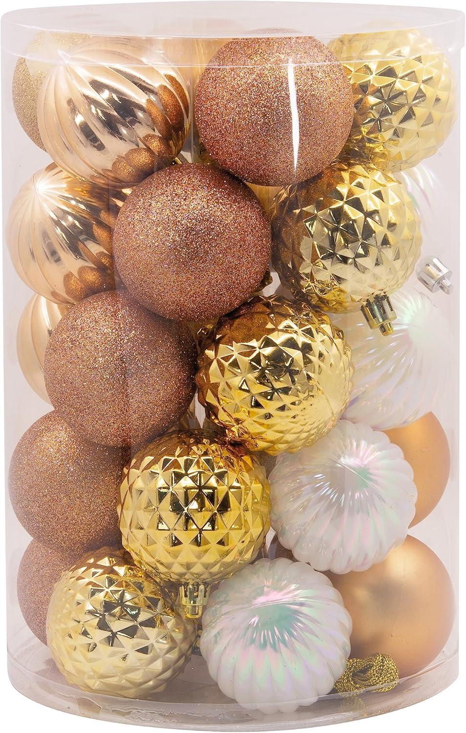 Champagne Gold and White Shatterproof Plastic Christmas Ornament Set, 30-Piece