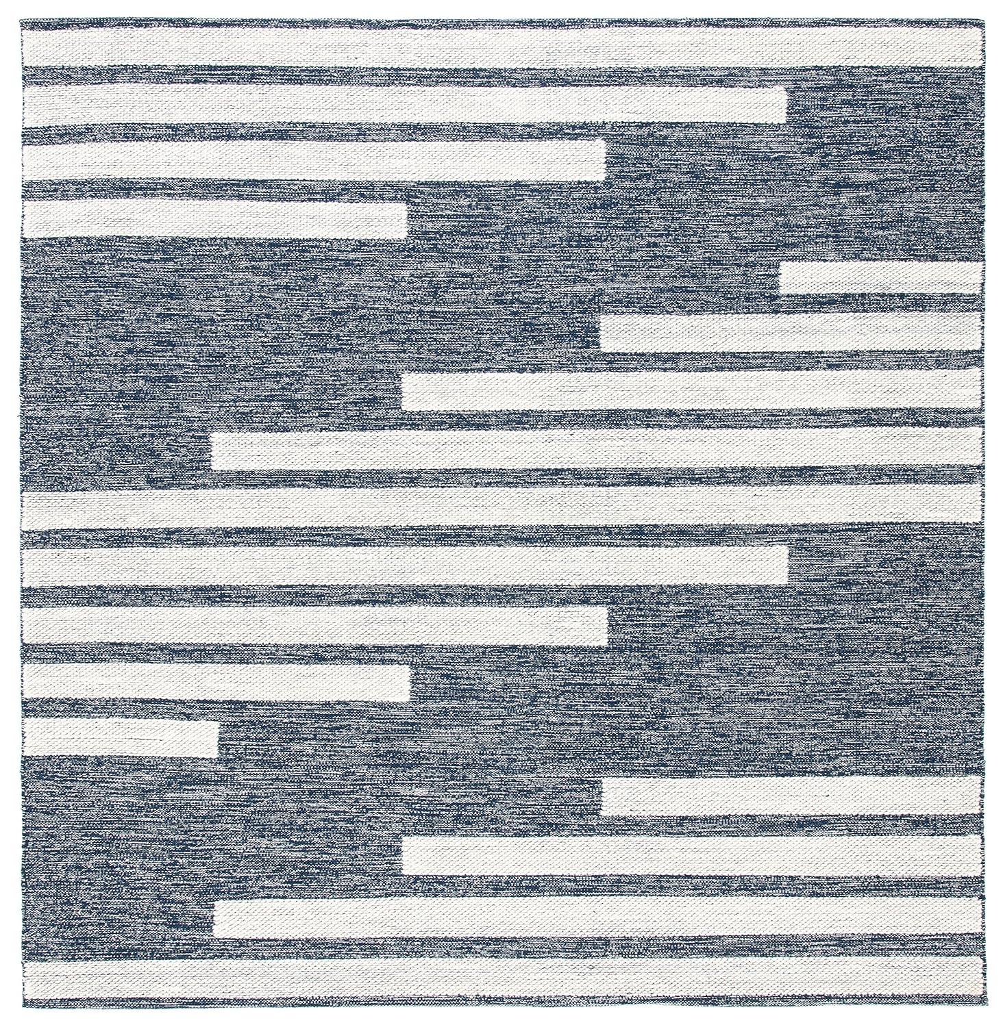 Striped Kilim STK514 Hand Woven Area Rug - Navy/Ivory - 3'x3' - Safavieh.