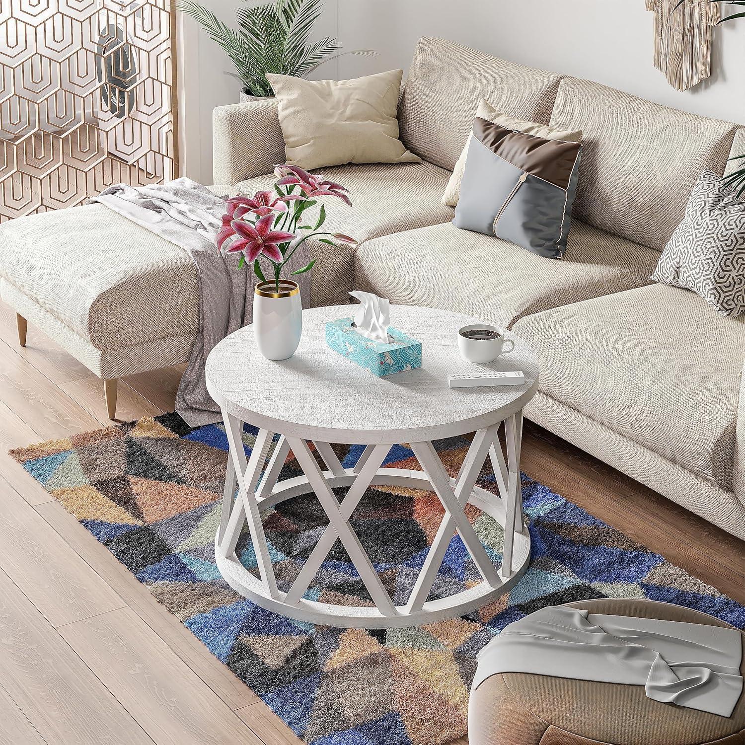 Antique White Round Wood Coffee Table with X-Motifs