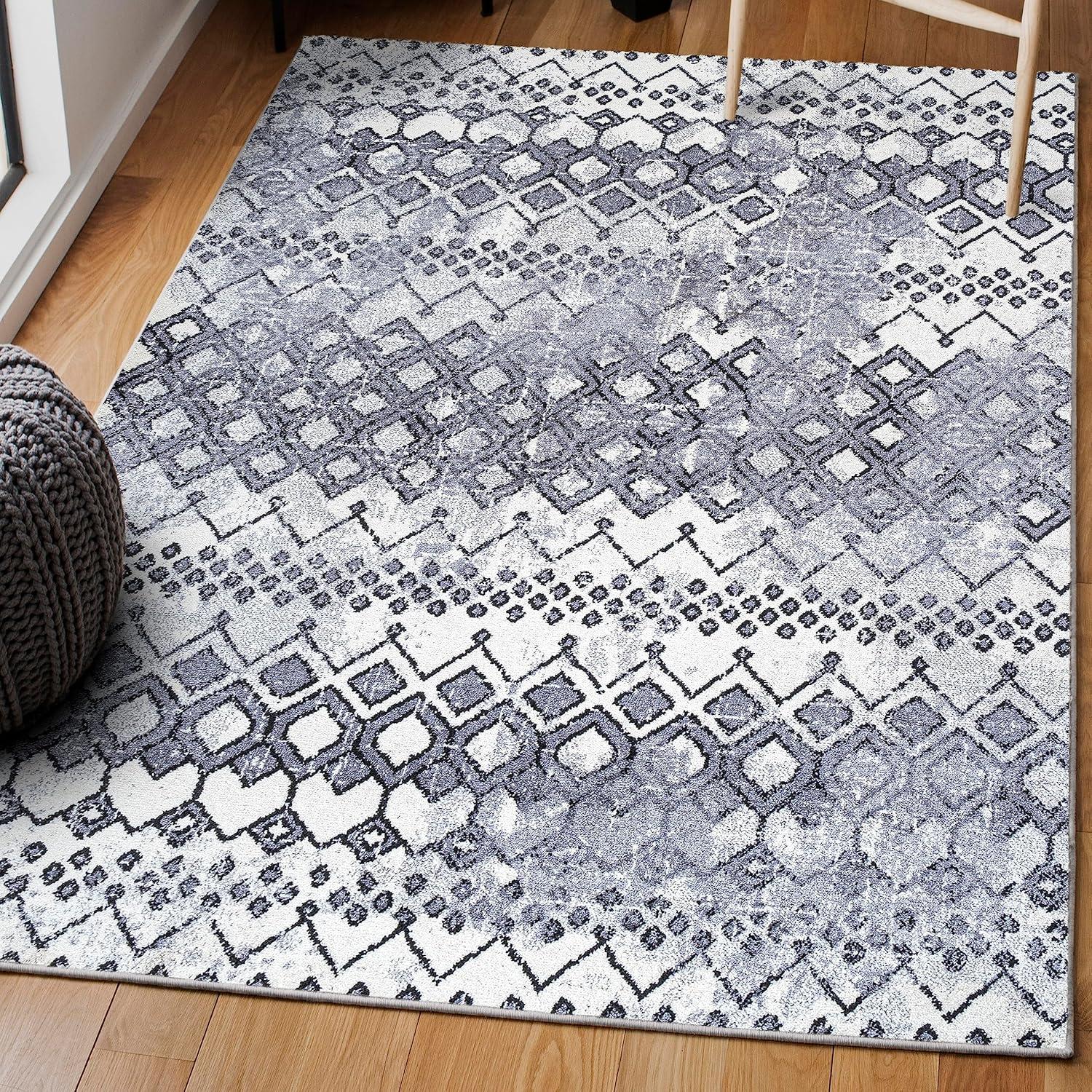 Ivory and Charcoal Moroccan Geometric Distressed Area Rug