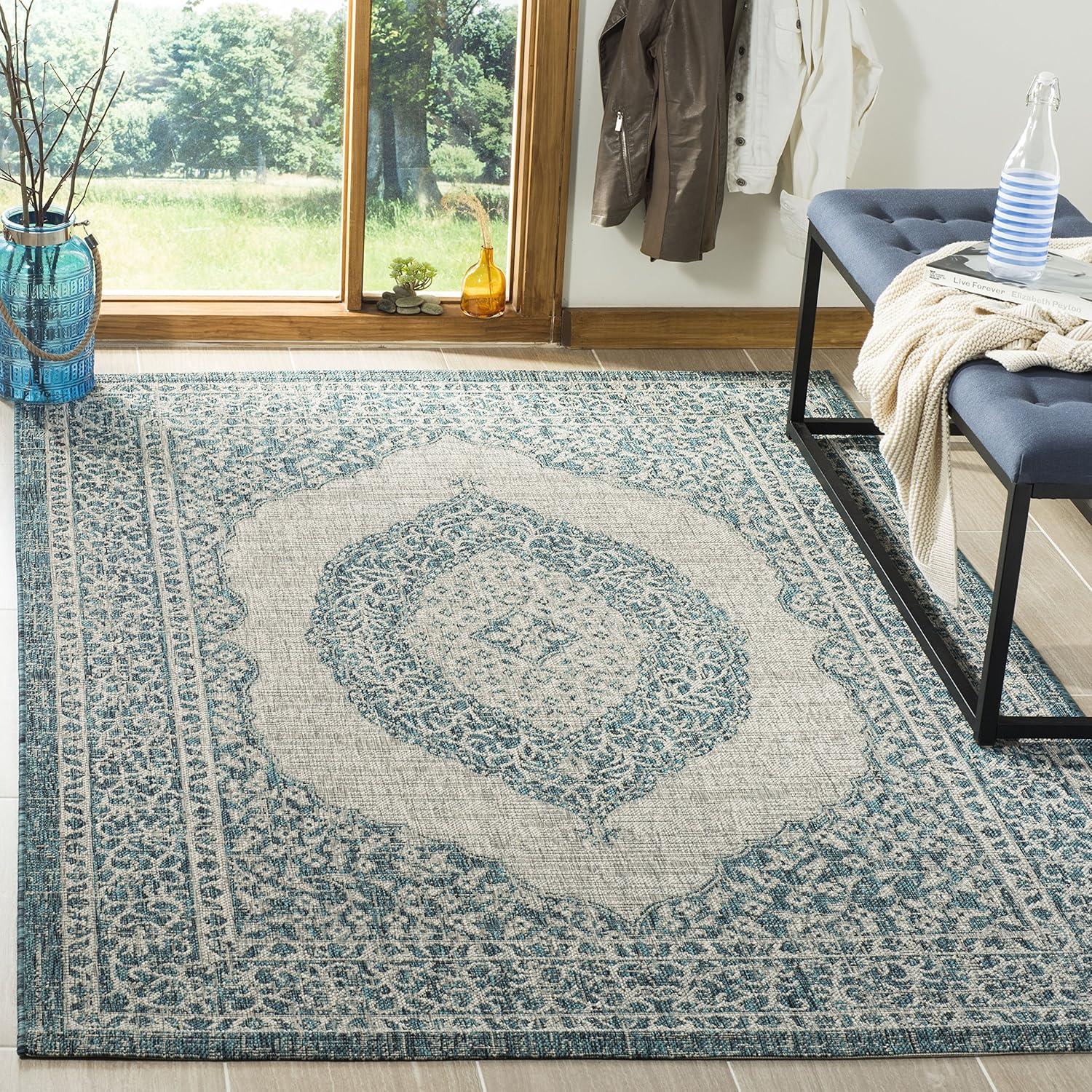 Light Grey & Teal Rectangular Easy-Care Outdoor Rug - 6'7" x 9'6"