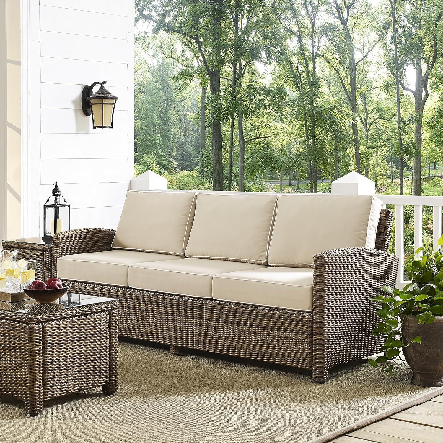 Bradenton Outdoor Wicker Sofa - Sand - Crosley: UV-Resistant Patio Furniture, 3-Seater with Foam Cushions