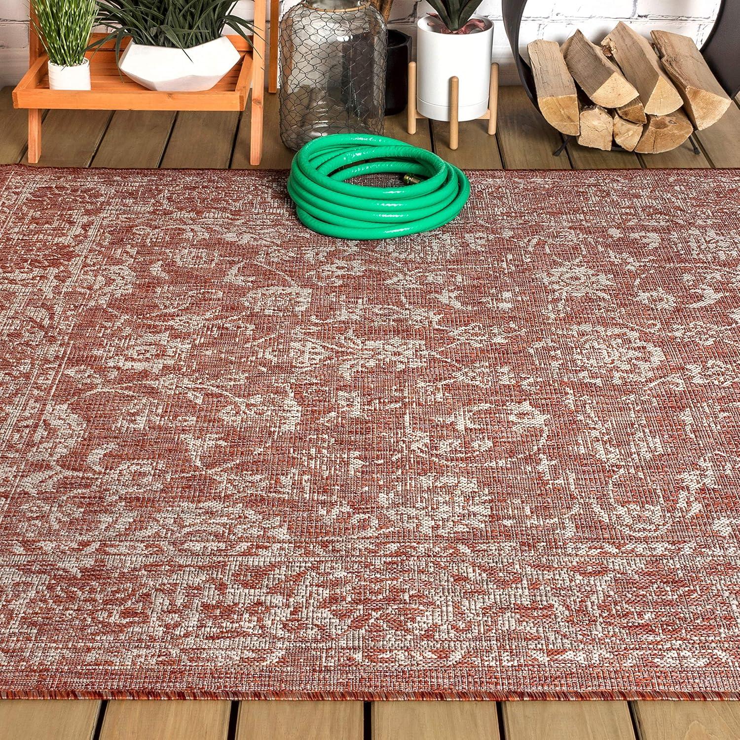 8'x10' Tela Bohemian Textured Weave Floral Indoor/Outdoor Area Rug, Red/Taupe - JONATHAN Y