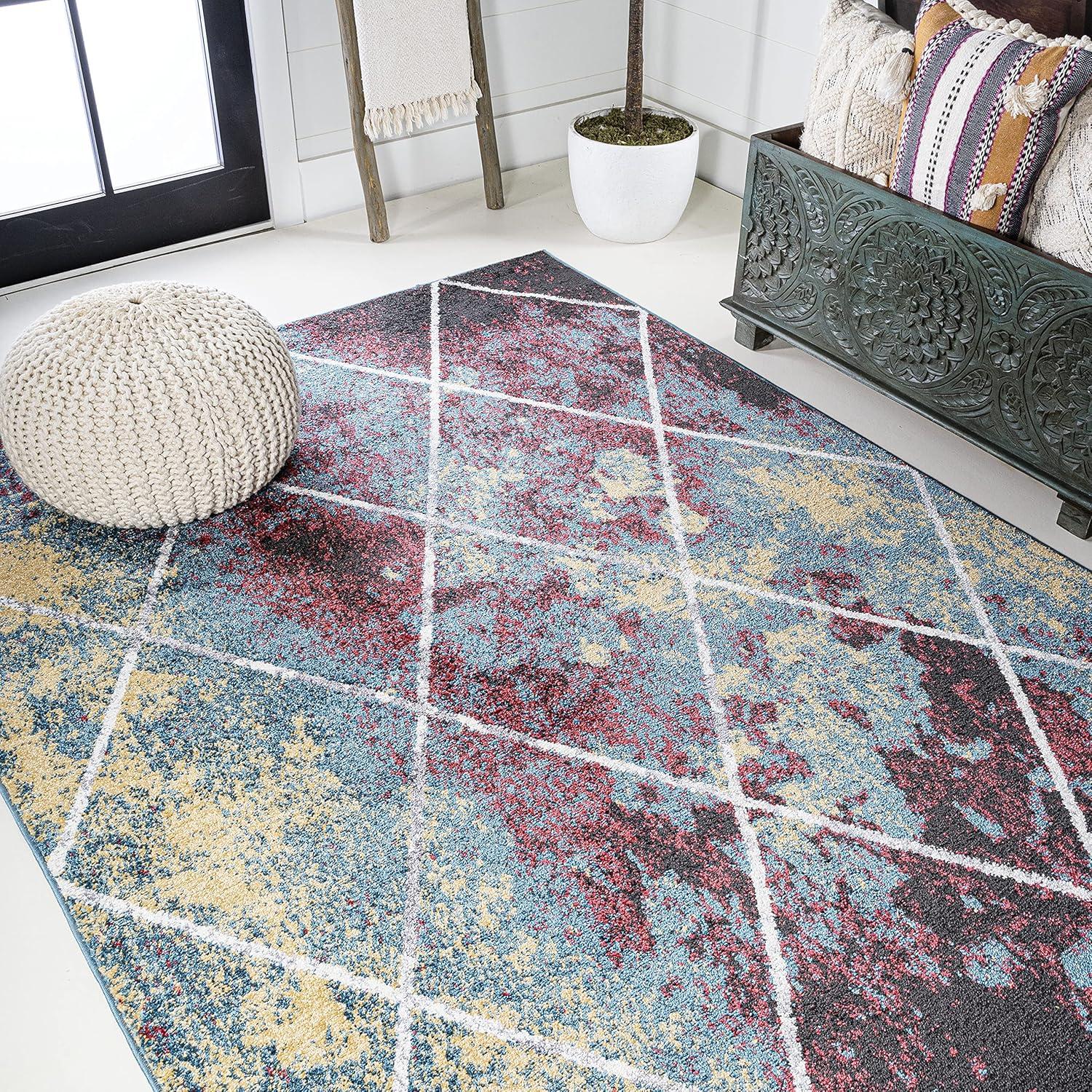 4'x6' Cole Minimalist Diamond Trellis Area Rug, Multi/White - JONATHAN Y