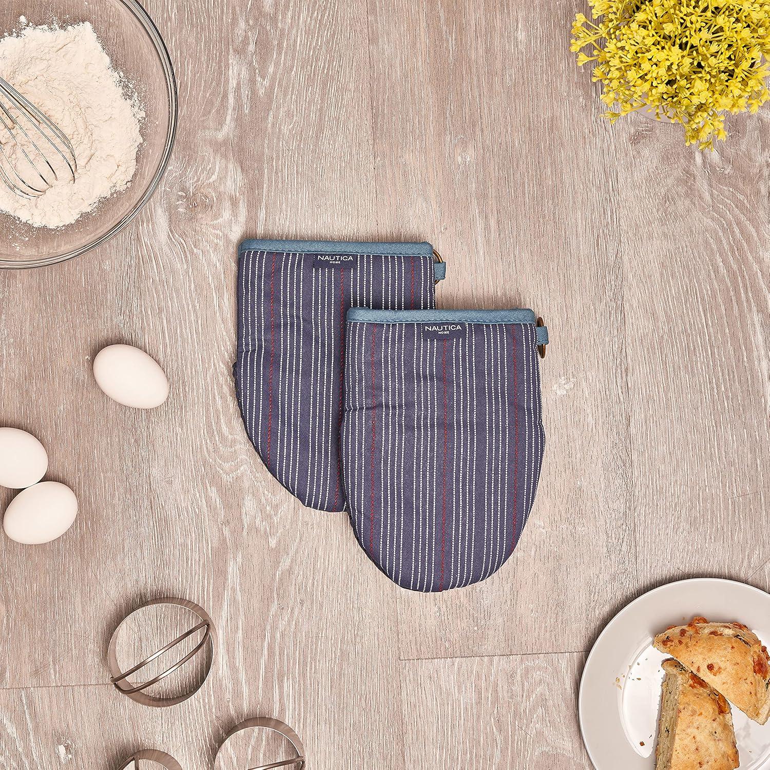 Navy Stripe Cotton Mini Oven Mitts with Silicone Palm