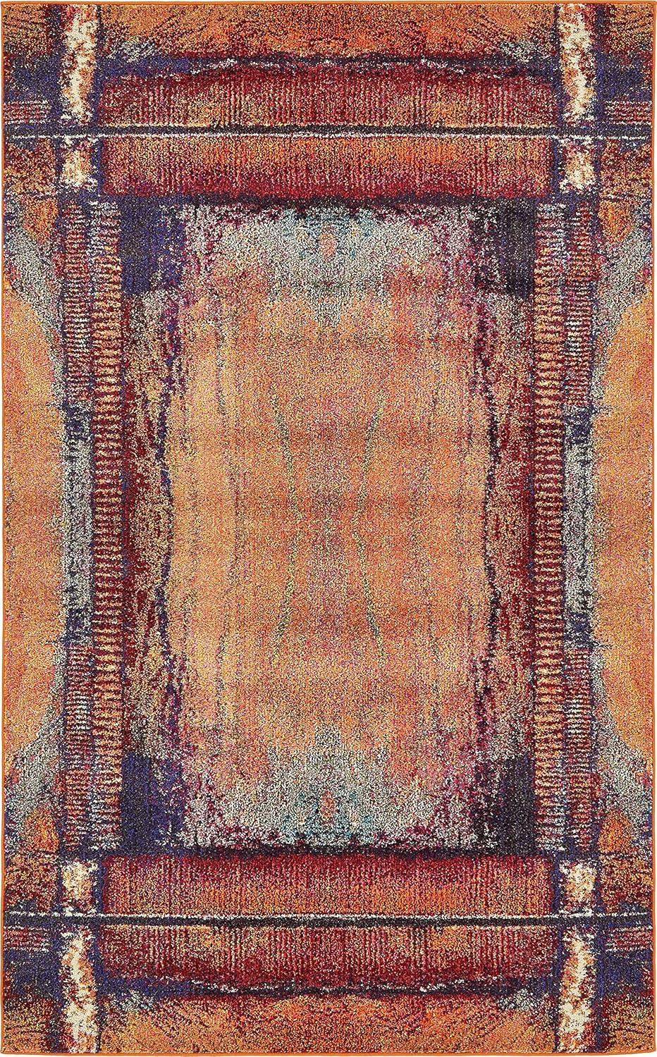 Rectangular Blue Abstract Stain-Resistant Synthetic Rug