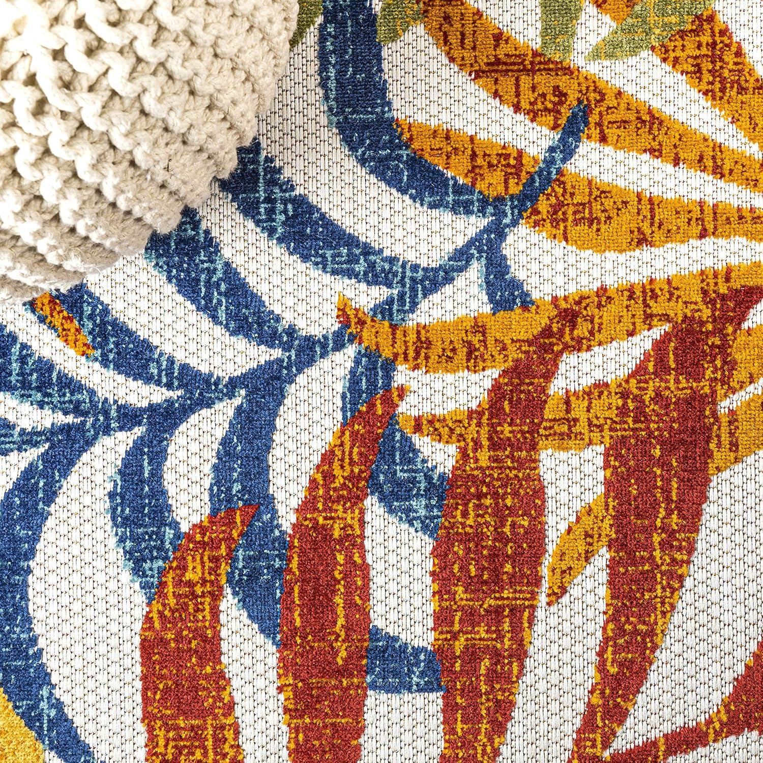 5' Round Tropics Palm Leaves Indoor/Outdoor Area Rug, Cream/Orange - JONATHAN Y