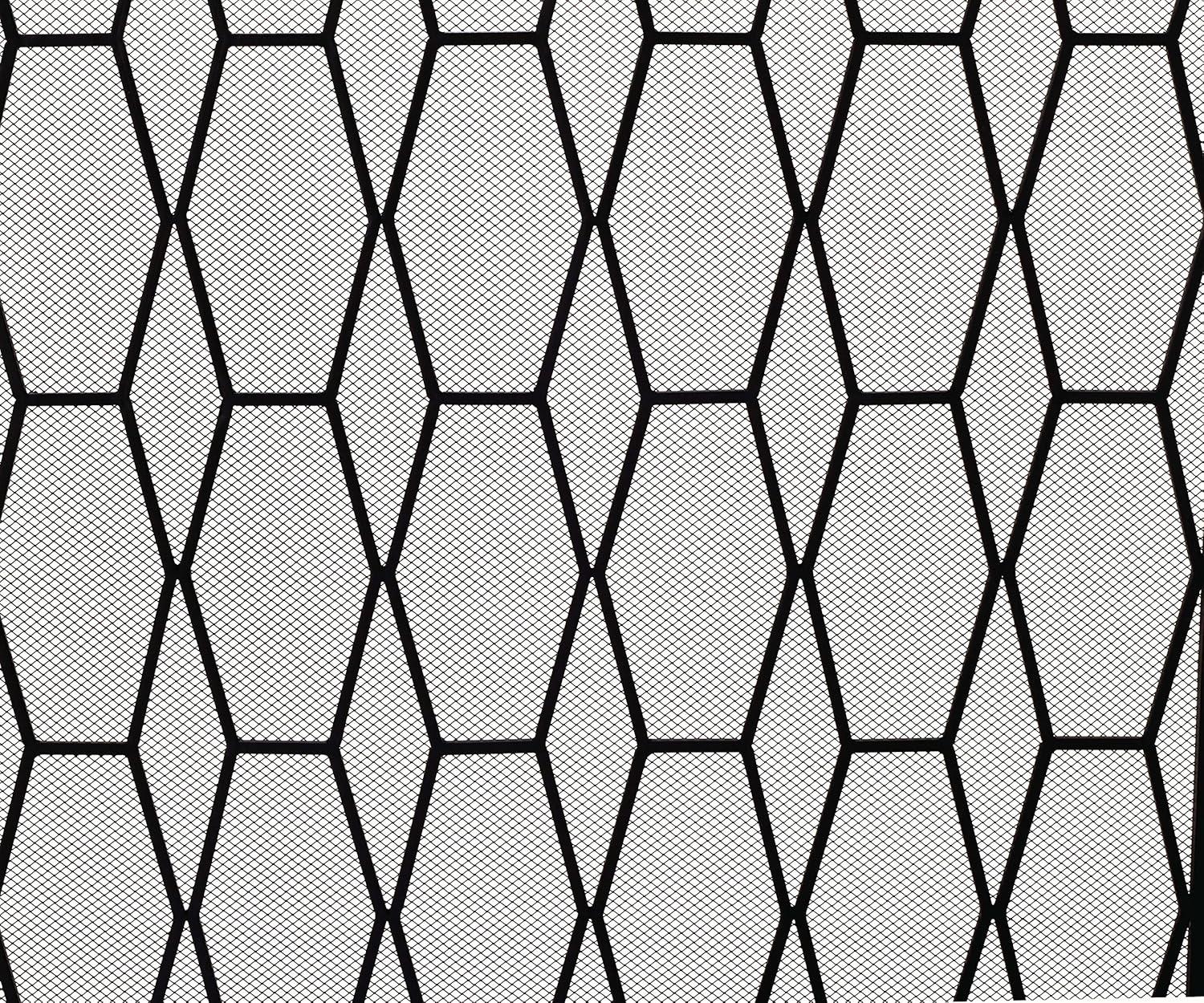 DecMode 51" x 31" Black Metal Foldable 3 Panel Geometric Fireplace Screen with Mesh Netting, 1-Piece