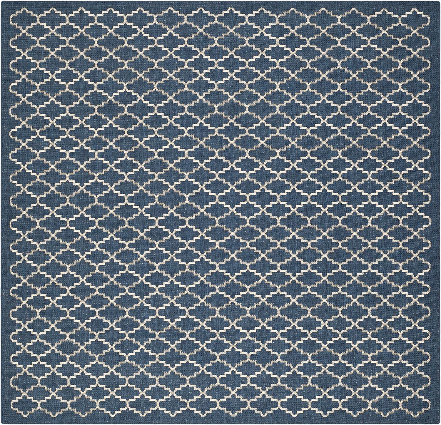 SAFAVIEH Courtyard Hilbert Trellis Indoor/Outdoor Area Rug, 7'10" x 7'10" Square, Navy/Beige