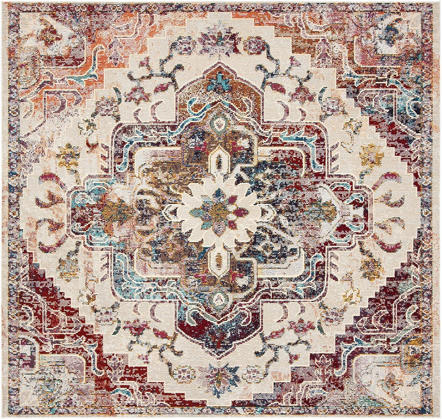 Elysian Blooms Light Blue & Burgundy Floral Synthetic Square Rug