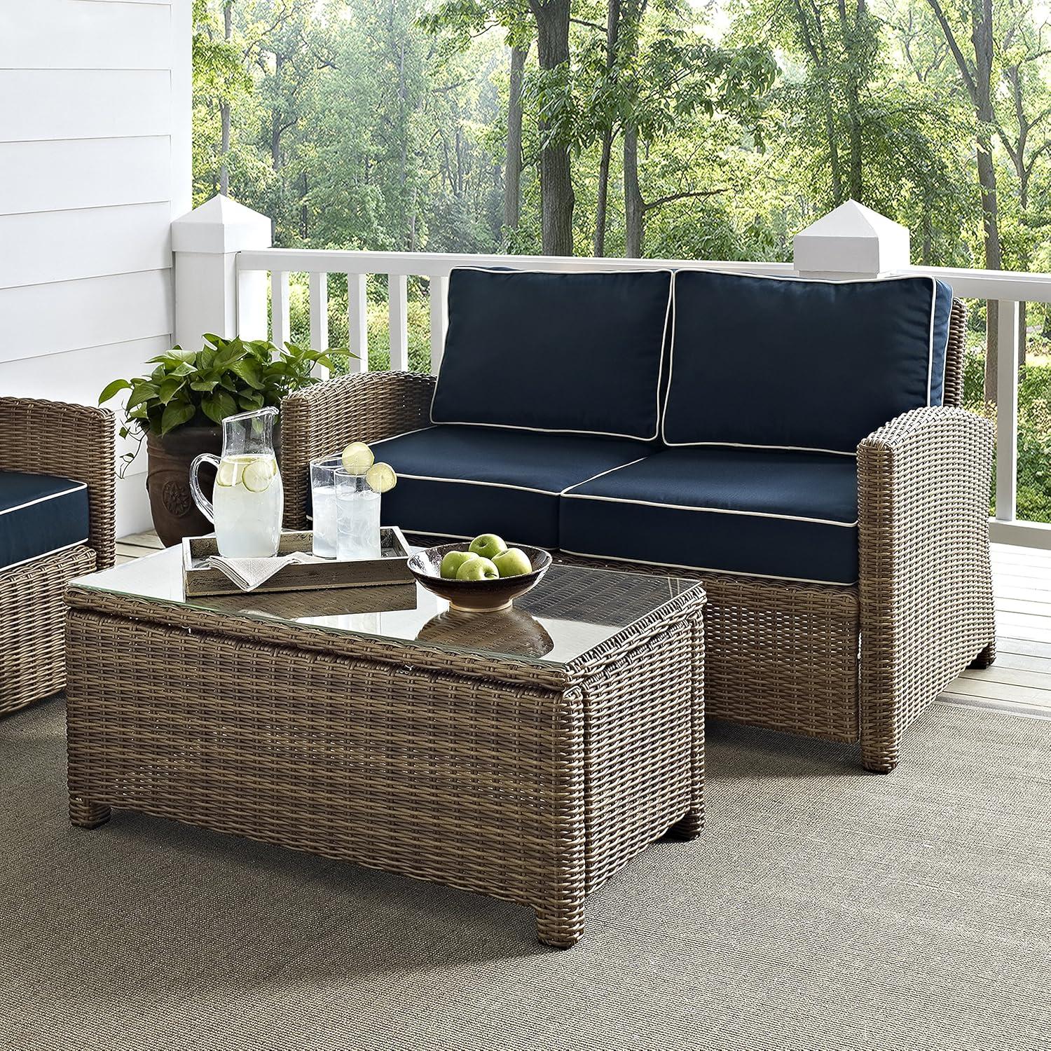 Bradenton 2pc Outdoor Wicker Conversation Set - Navy - Crosley: Steel Frame, UV-Resistant, with Coffee Table
