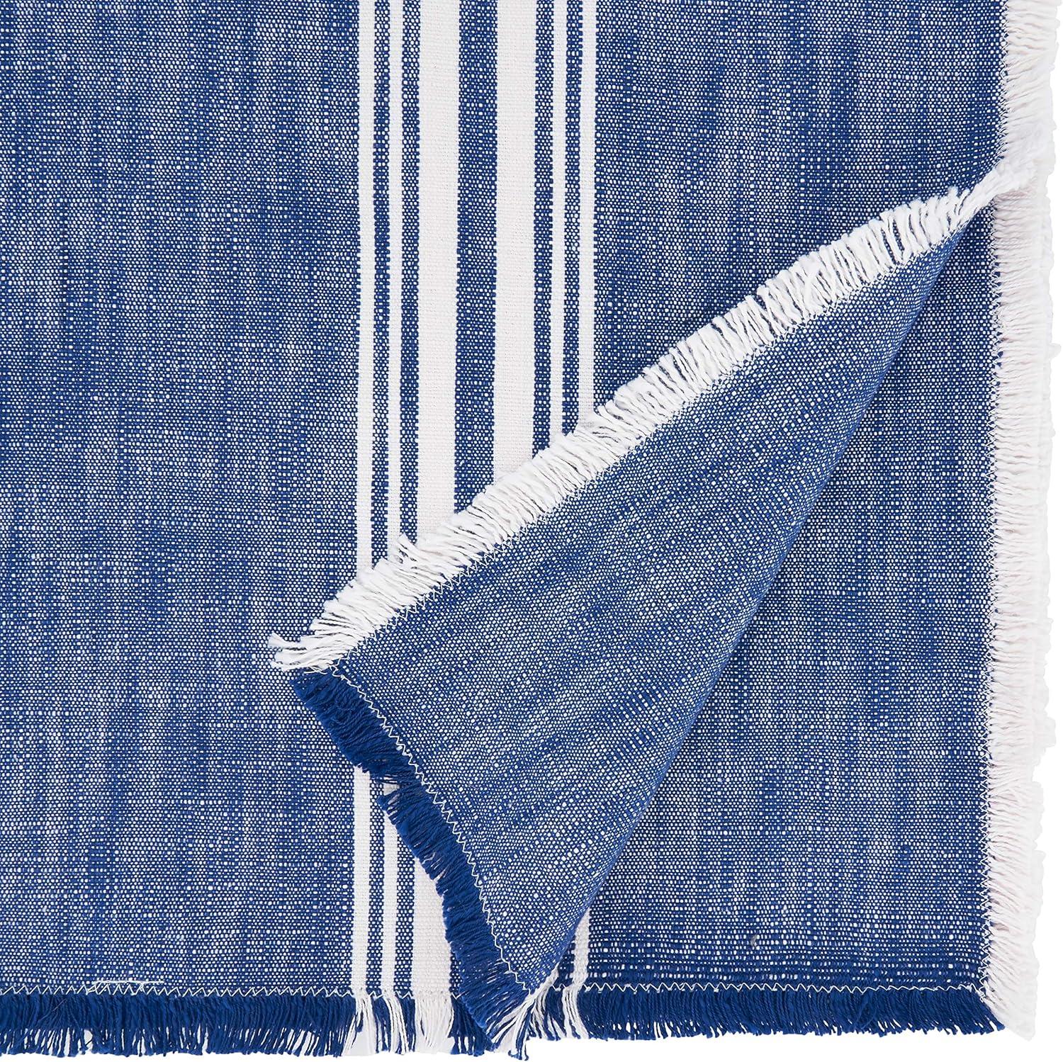 Blue and White Cotton Striped Fringe Table Runner