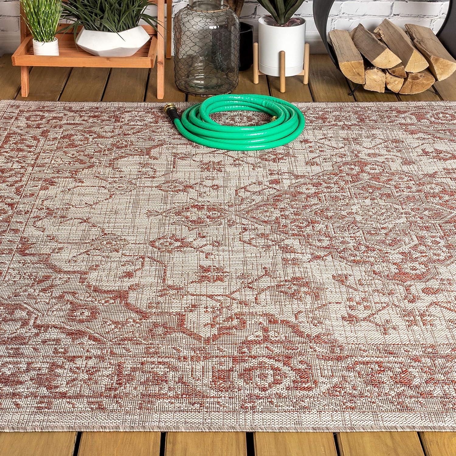 4'x6' Rozetta Boho Medallion Textured Weave Indoor/Outdoor Area Rug, Red/Taupe - JONATHAN Y