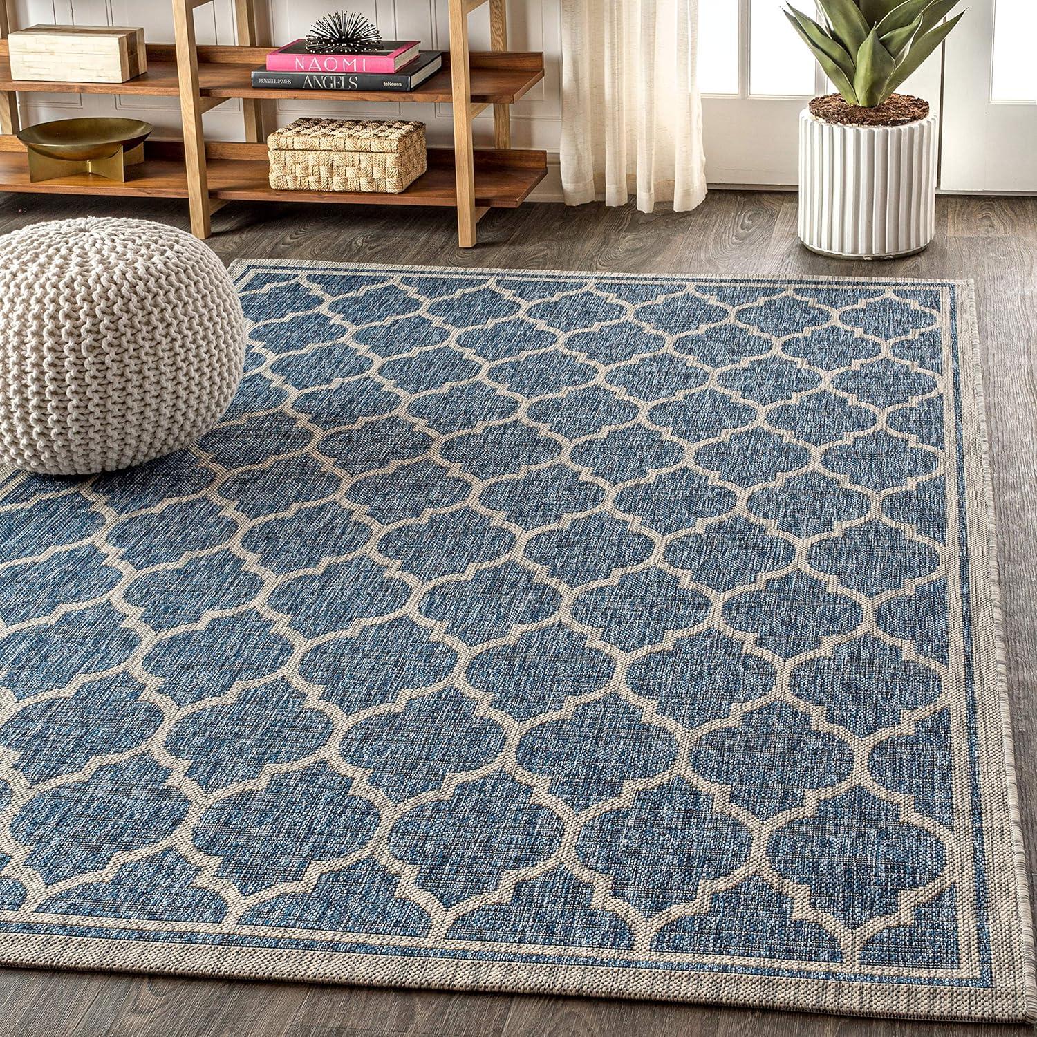 8'x10' Trebol Moroccan Trellis Textured Weave Indoor/Outdoor Area Rug, Navy/Gray - JONATHAN Y