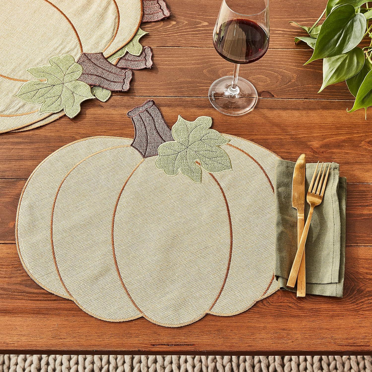 Violet Linen Thanksgiving Harvest Fall Pumpkin Pattern, Polyester Applique Embroidered Burlap, Gold, 12 Inch x 18 Inch, Oval, Set of 4, Decorative Place Mats
